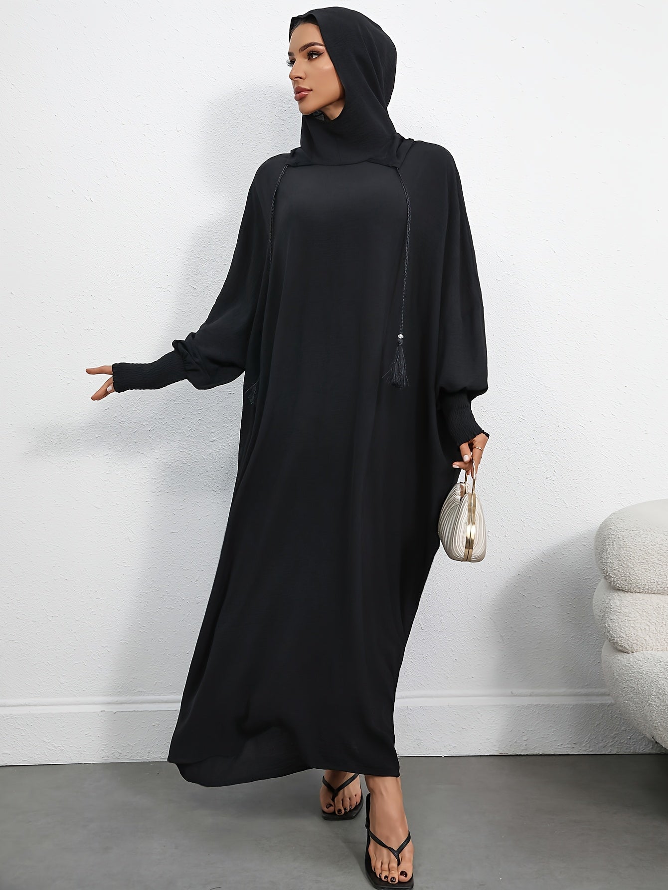 Women's Elegant Black Hooded Batwing Sleeve Dress - Loose Fit Long Flowy Turkish Kaftan, Machine Washable Polyester, Plus Size Friendly, Adjustable Drawstring Waist for Ramadan & Casual Wear Abaya