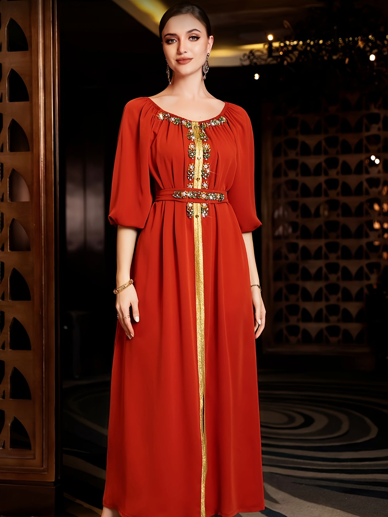 High-End Hand-Sewn Orange-Red Emirati Abaya with Diamond Design for Middle Eastern Gatherings And Festive Occasions.