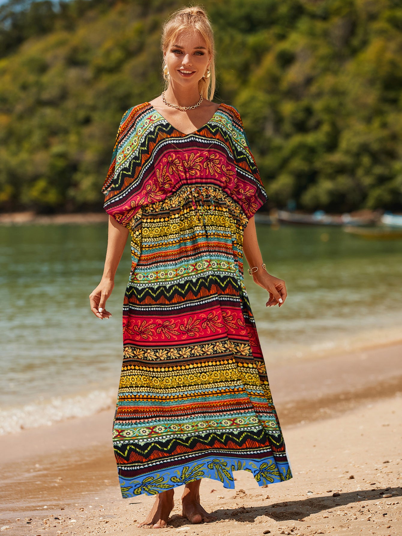 Boho Chic Arabic Dress - Monochrome Stripe Swimsuit Cover Up, Long Split Side Kaftan with V-Neck for Beach Wedding & Vacation
