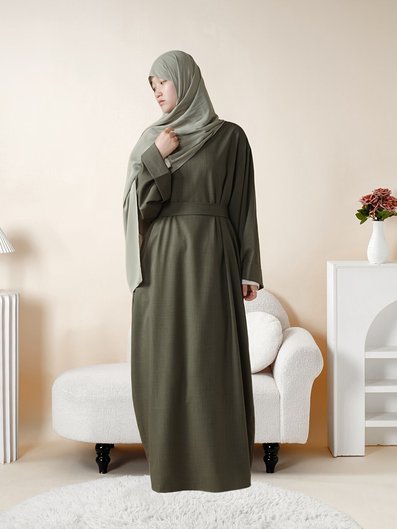 Plain Abaya with Pockets 2pcs Set Elegant Middle East Arab Islamic Muslim Style Shawl Robe Smock Ramadan Prayer Dress Long Skirt Jilbaab Abaya Women's Women Solid Color