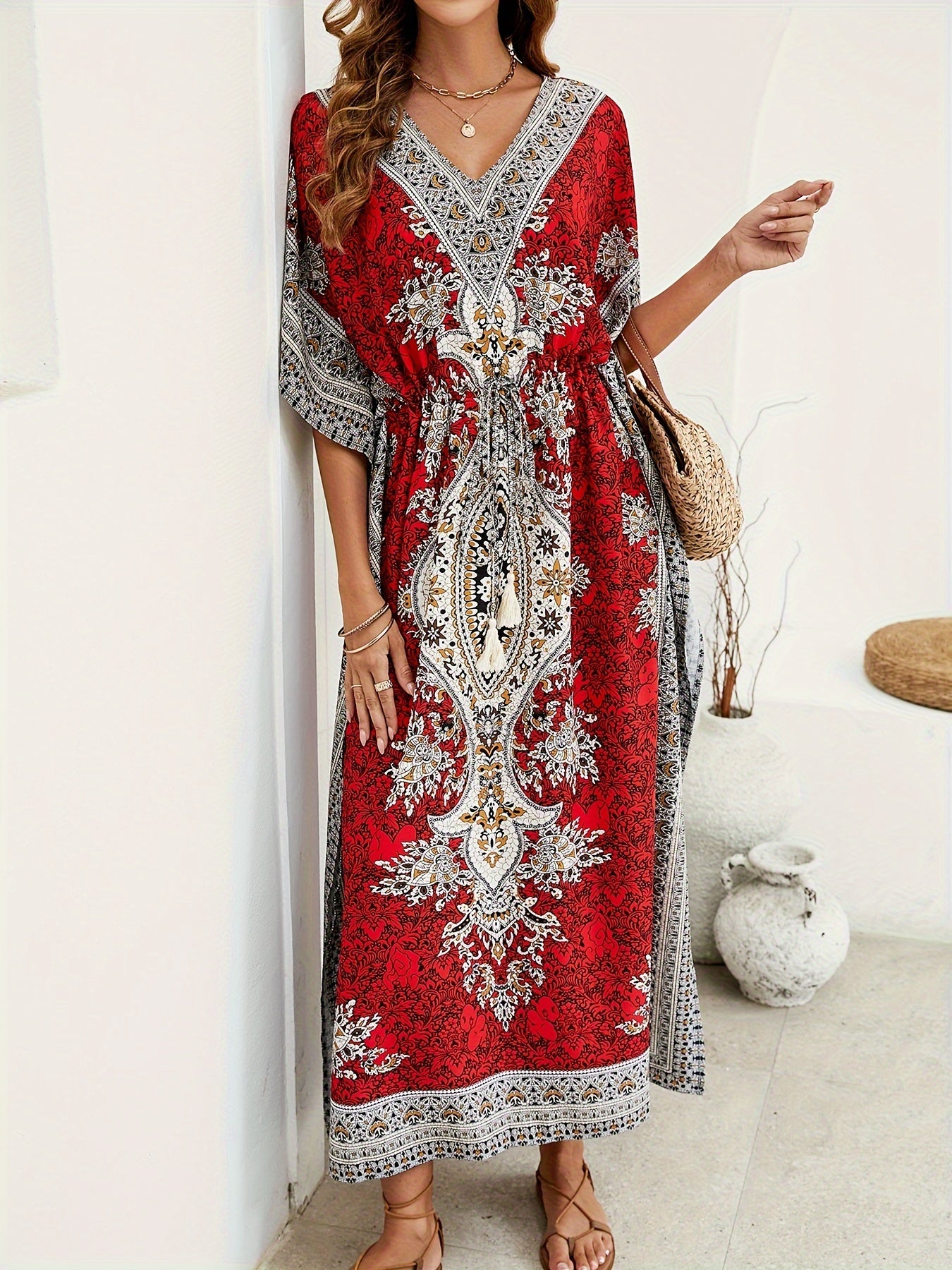 Women's Middle Eastern Muslim Kaftan Abaya, Loose V-Neck Beach Bohemian Party Dress