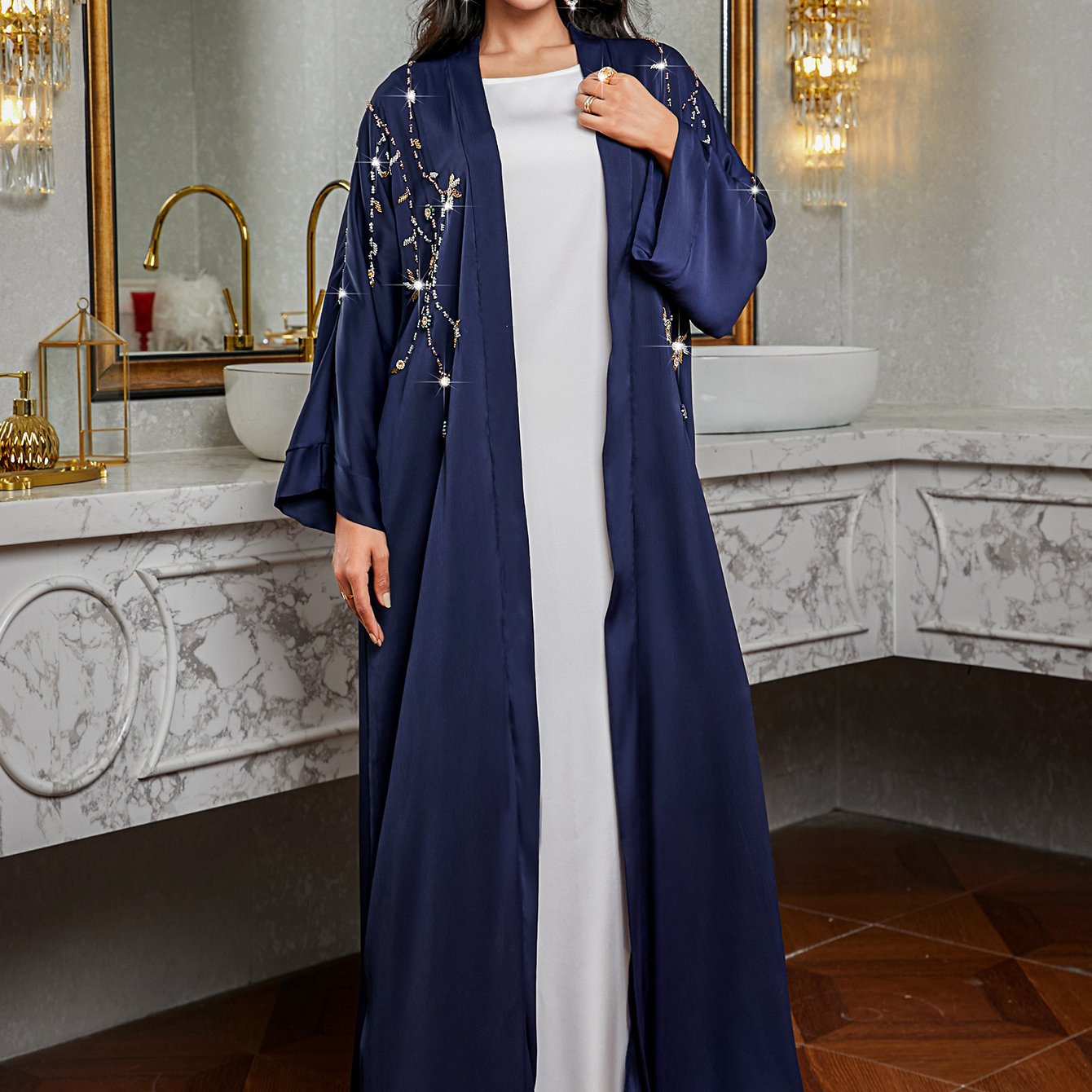 Elegant Green & White Long Tunic Dress with Beaded Detail - Casual Turkish Abaya Style, Long Sleeve, Floor-Length, Perfect for Spring/Summer, Casual Summer Wear | Elegant Long Dress | Texture