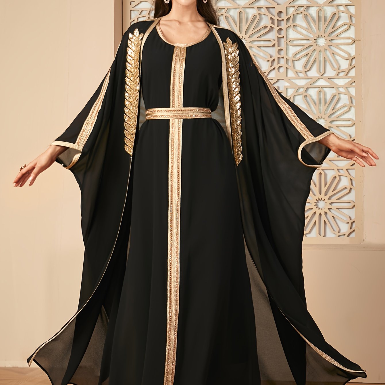 Elegant Ramadan Style Sequin Abaya Gown Dress with Mesh Overlay and Batwing Sleeves - Round Neck, Black with Golden Accents, Flowing Draped Waist, Perfect for Women's Fashion, Festive Attire|Elegant Attire