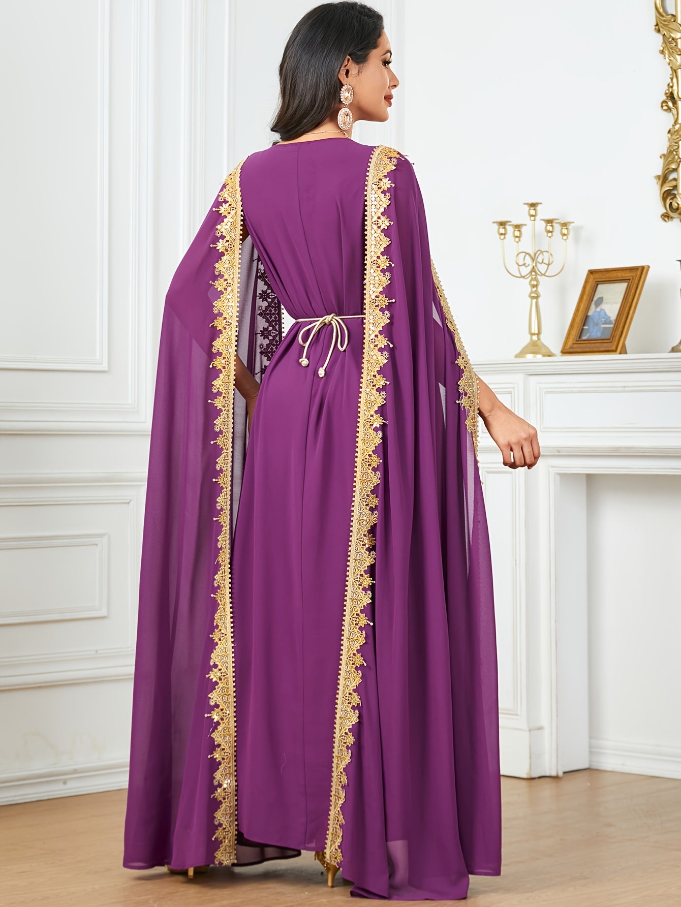Middle Eastern-Inspired Emerald Green Sequin-Trimmed Lace Embroidery Robe Modern Abaya - Long Sleeve A-Line Gown with Golden Accents, Machine Washable Formal & Casual Wear