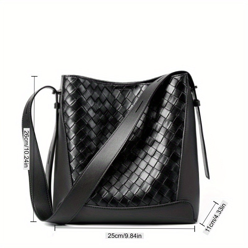 Genuine Leather Woven Tote Bag for Women - Large Capacity Crossbody Shoulder Bag with Adjustable Strap, Zipper Closure & Polyester Lining