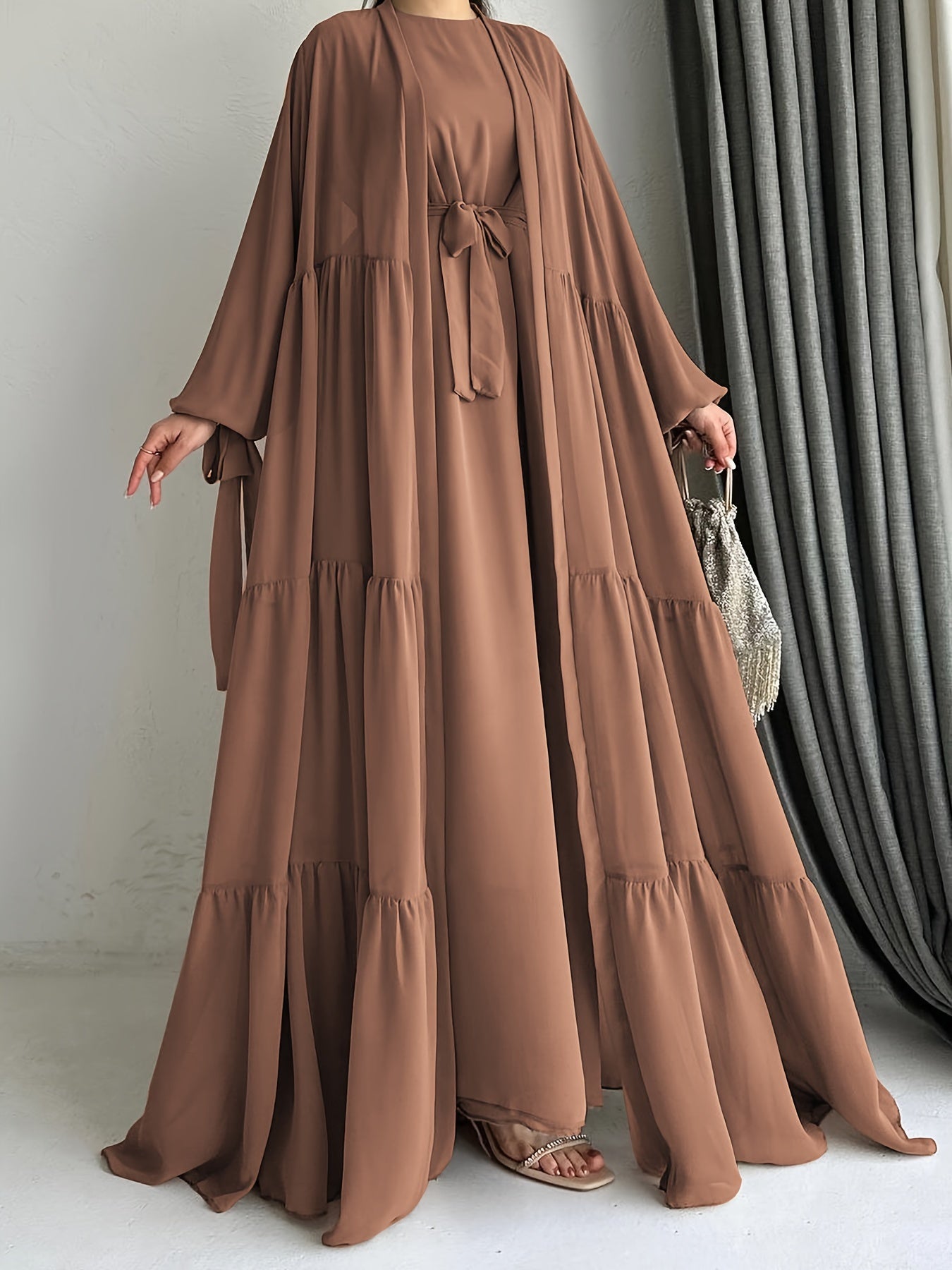 Women's Middle Eastern Palestinian Abaya Dress with Cape Cover - Sleeve Brown Solid Color Modest Traditional Dress, Adjustable Waist Tie Belt, Machine Washable All-Season Wear, Versatile Layering Piece