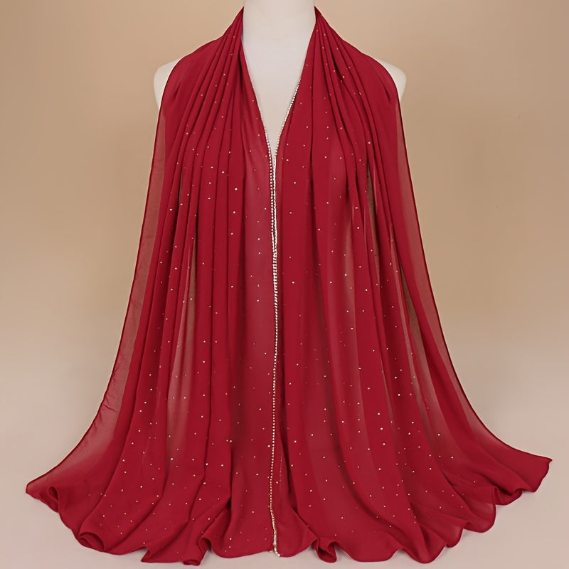 1pc Lightweight Breathable Chiffon Scarf with Sparkling Rhinestone Trim