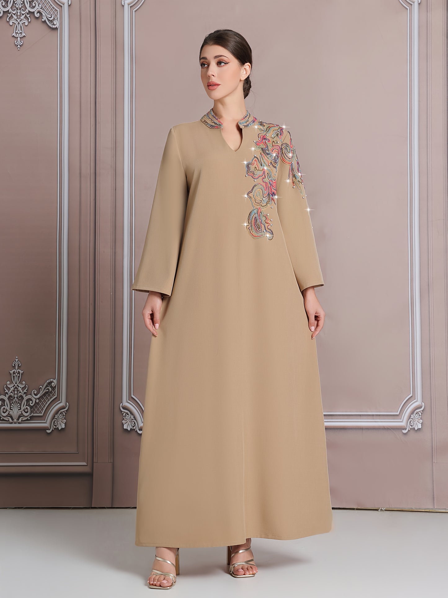 Elegant Dubai-Inspired Modern Kaftan Abaya for Women - Colorful Embroidered Long Robe with Large Size, Beige Abaya, Middle Eastern Fashion, Fashionable Clothing