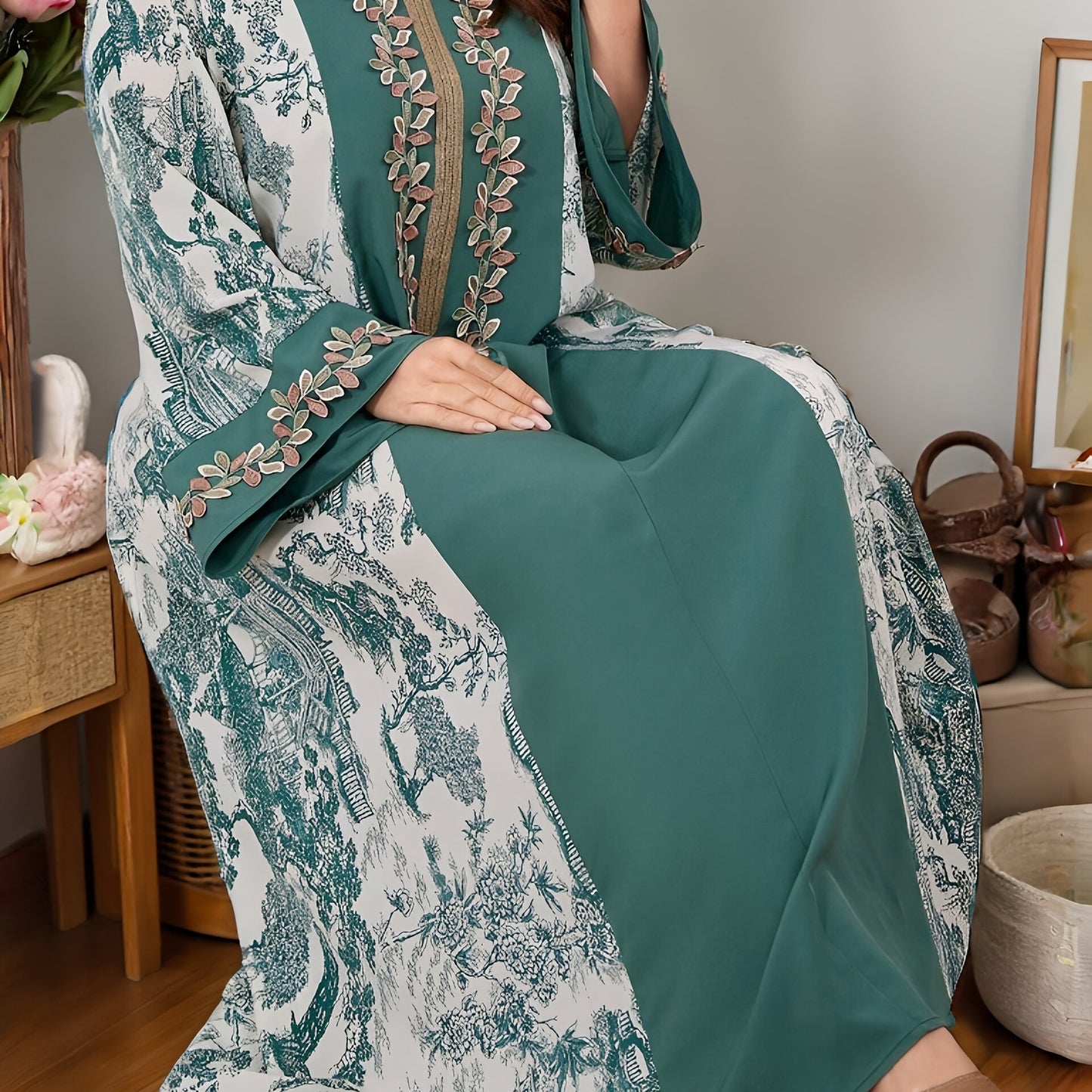 Plus Size, 2025 new landscape print decoration three-dimensional lace Middle Eastern hooded long loose large size Palestinian Abaya