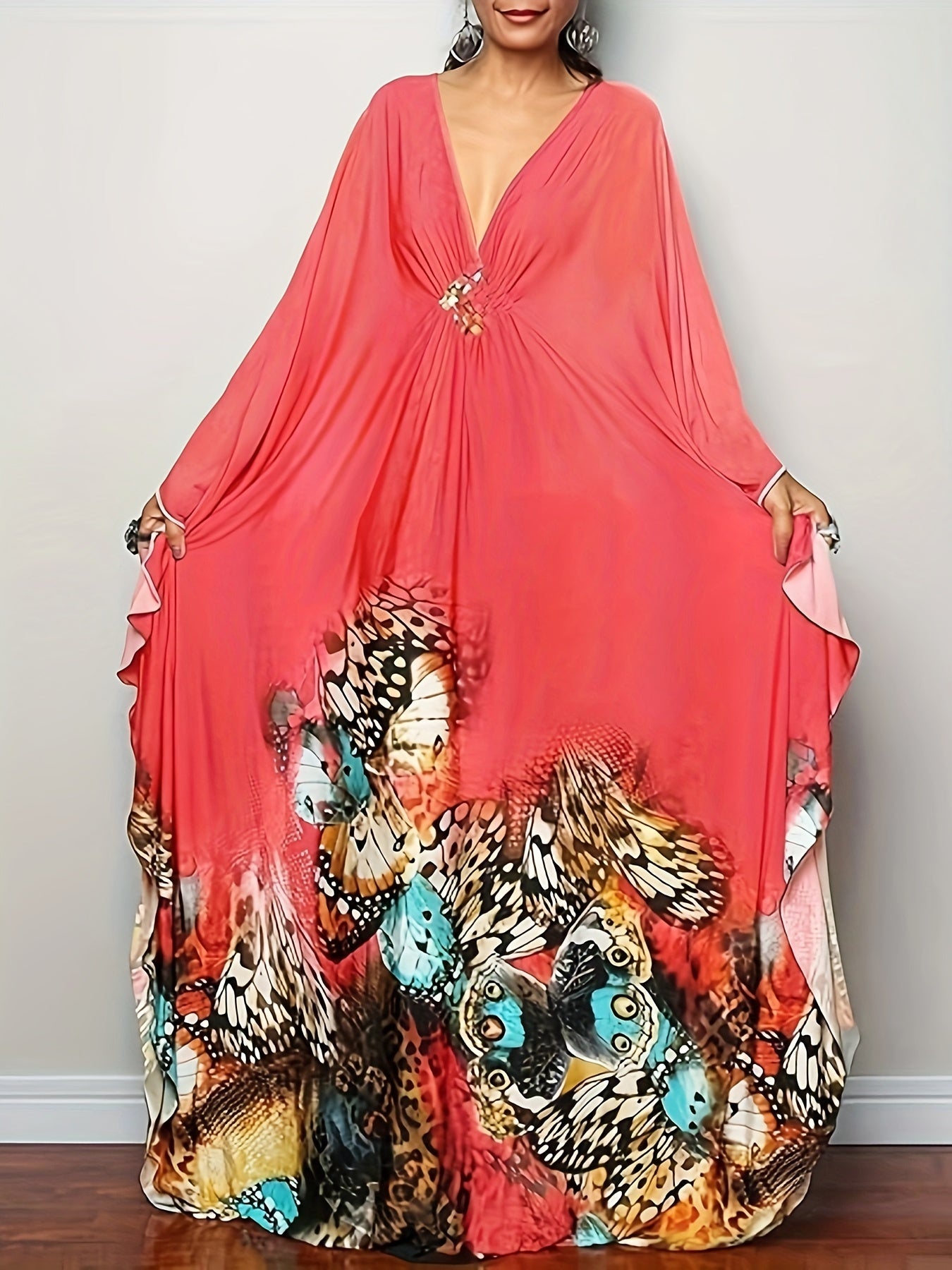 Plus Size, Women Ethnic Print Kaftan Beach Dress Plus Size Swimsuit Cover Up