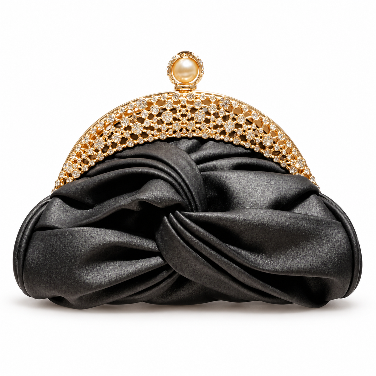 Black Ruched Crystal Frame Evening Clutch