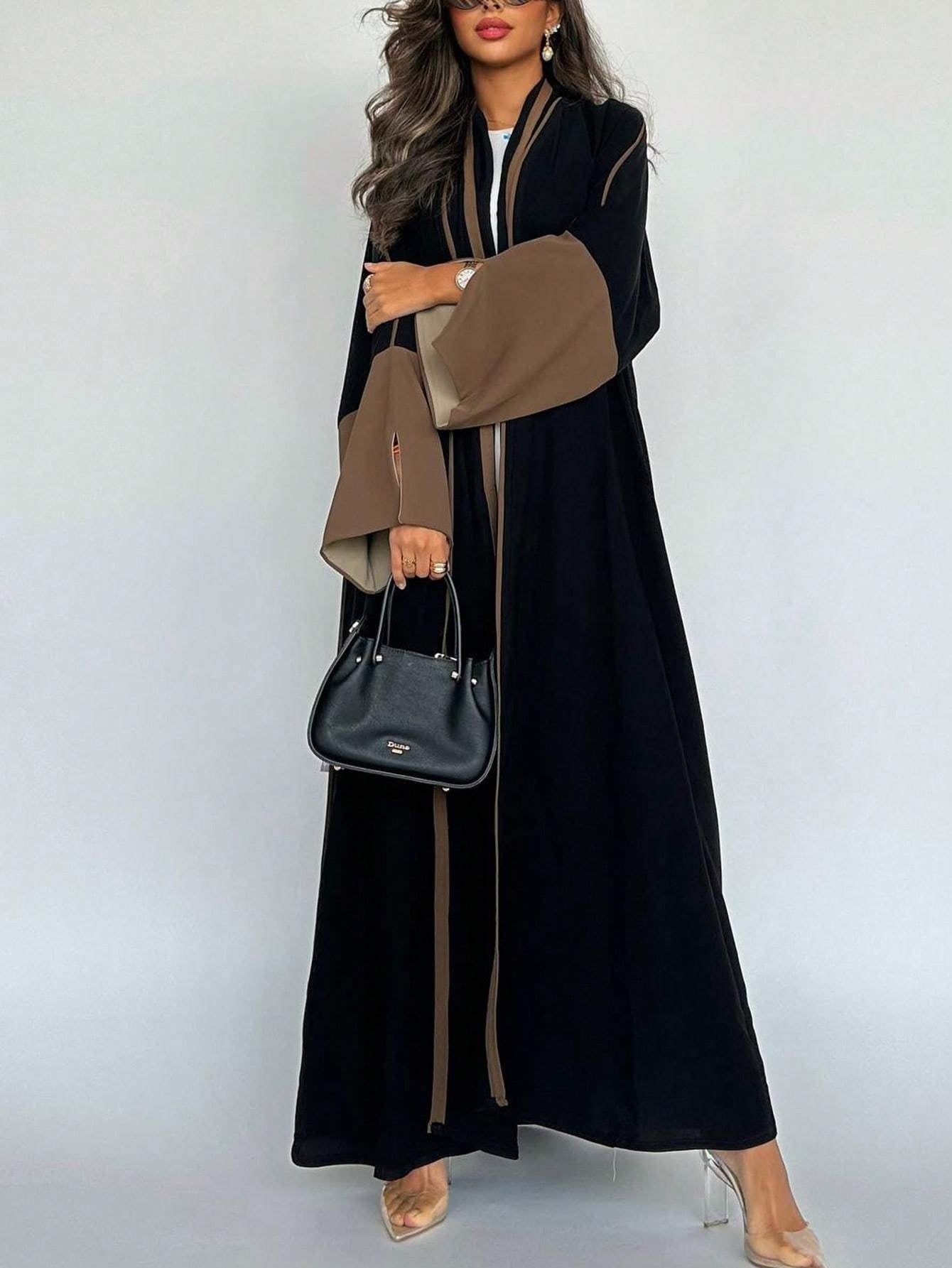 Plus Size - 1pc Plus Size Women's Abaya Burqa - Elegant Color Block Design, Loose Fit Long Sleeve with Open Front, Black & Blue Geometric Pattern, Perfect for Festive Occasions