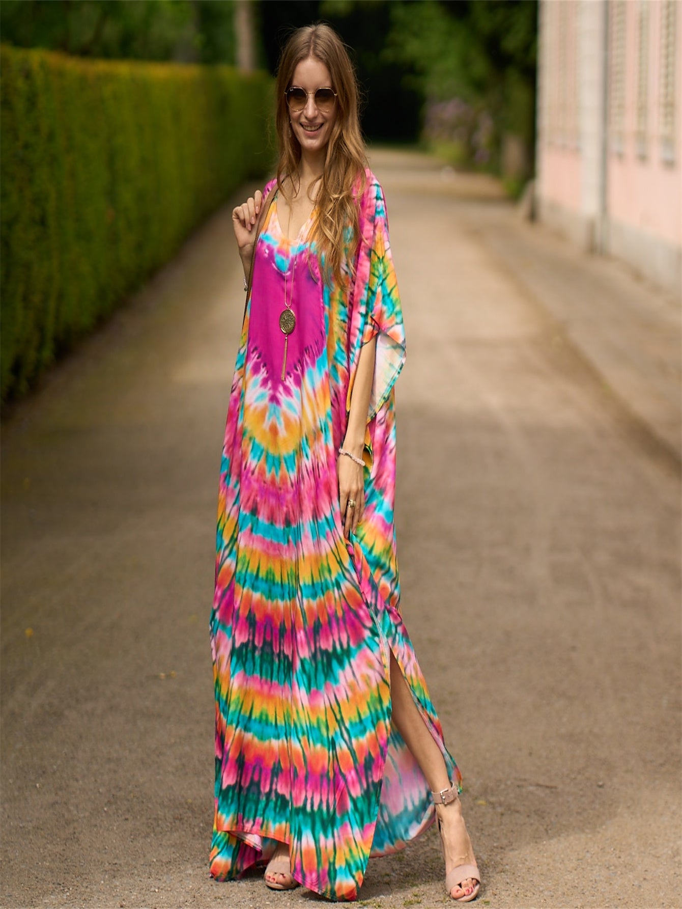 Women's Rayon Bohemian Beach Cover-Up Dress - Loose Fit Batwing Sleeve Turkish Kaftan with Striped Print, Round Neck Long Dress for Poolside, Vacation & Home Wear, Spring Summer Fall, Summer Cover Clothing
