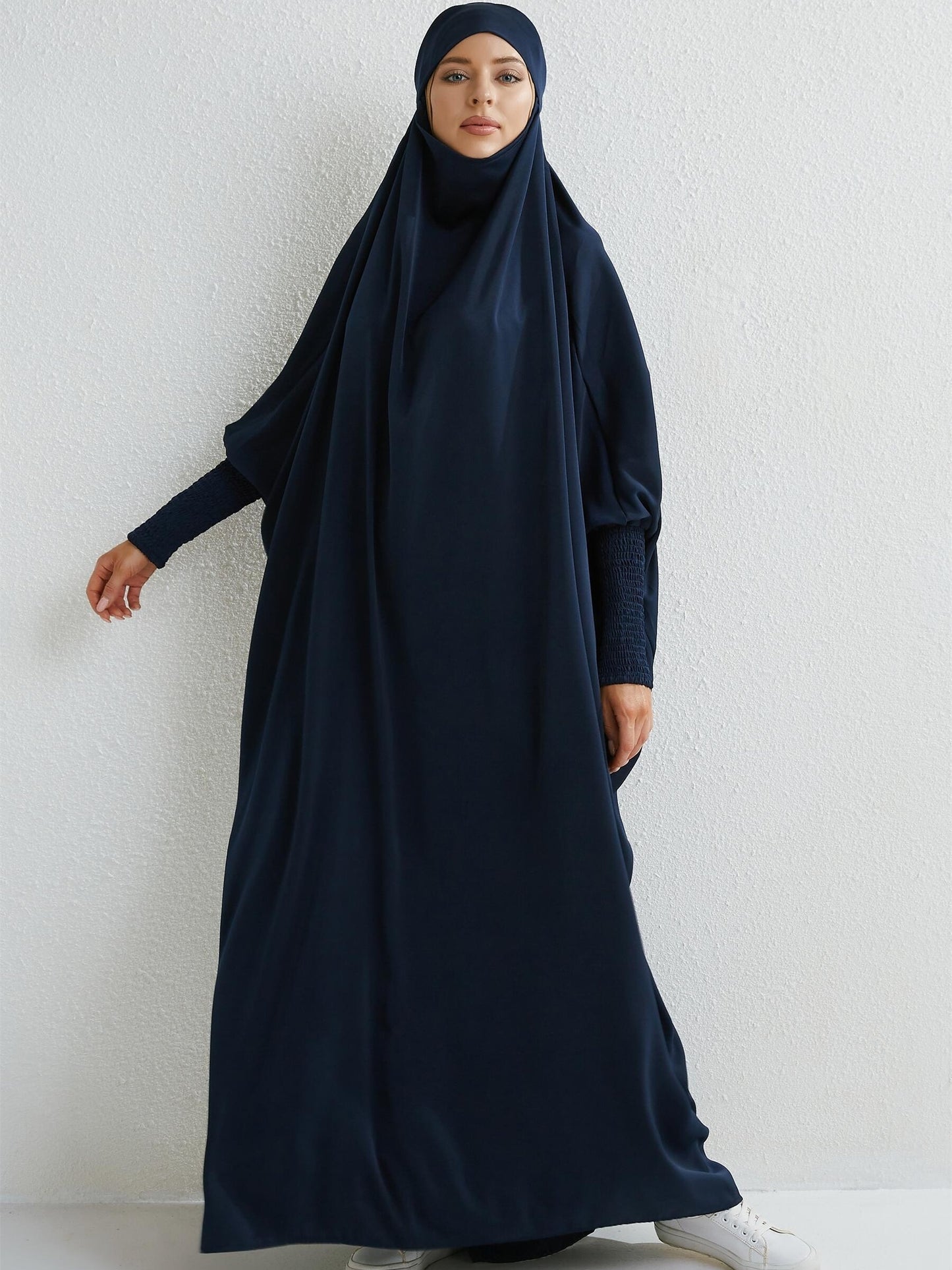 Women's Modest Jibab Abaya Dress with Hijab - Batwing Sleeves & Smocking Detail, Full-Length Prayer Robe, Islamic Clothing, Machine Washable Solid Color for Ramadan & Daily Wear, Allseason Robe, Hshaped Silhouette, Nontransparent F