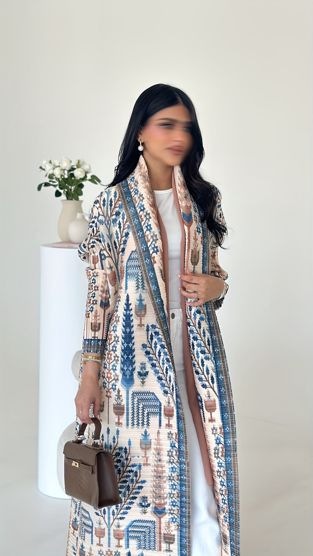 Elegant Palace-Style Geometric Print Robe - Lightweight High-Stretch Polyester Open-Front Abaya with Adjustable Drawstring Waist, Long A-Line Loose Fit for Spring/Autumn