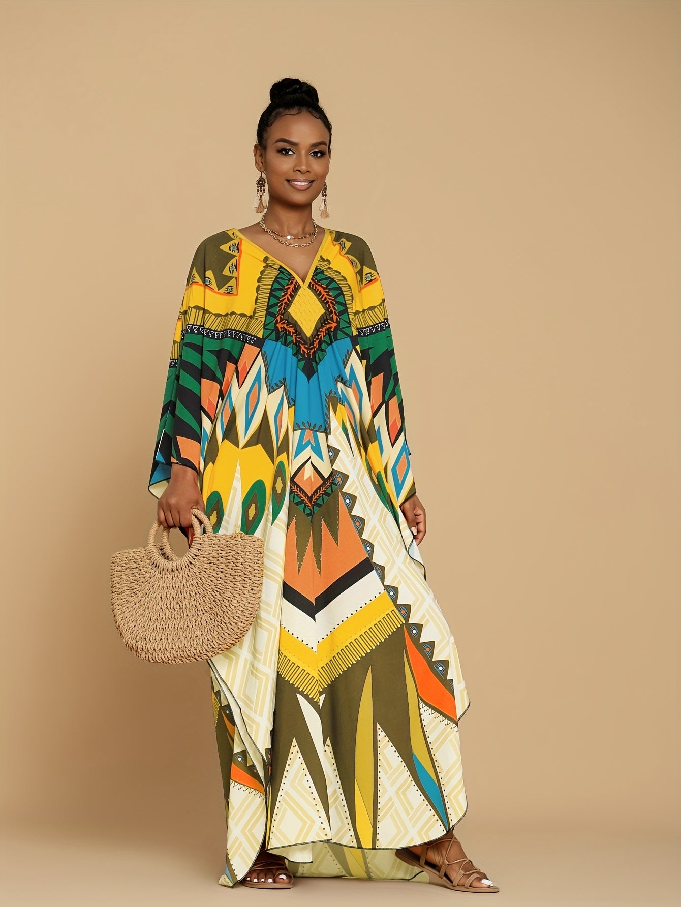 Women's Kaftan Dresses Geometric Patterns Floral Prints Beach Cover Up Chest Casual Home Vacation Ethnic Kaftan Robe Cover Up Batwing Sleeve Elegant Dress