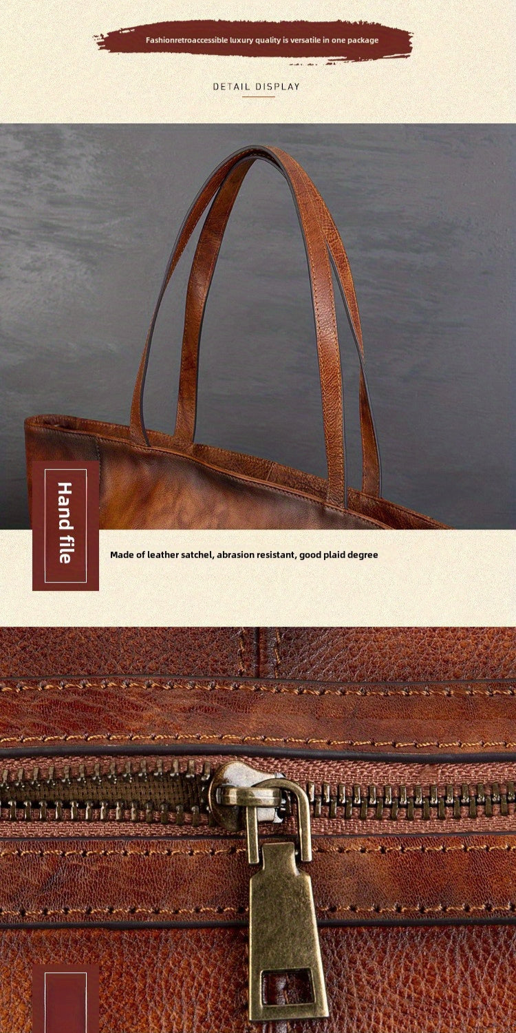 Tanned Cowhide Large Capacity Tote Bag, Genuine Leather One-Shoulder Cross-Span Bag Women's Large Bag Shopping Bag