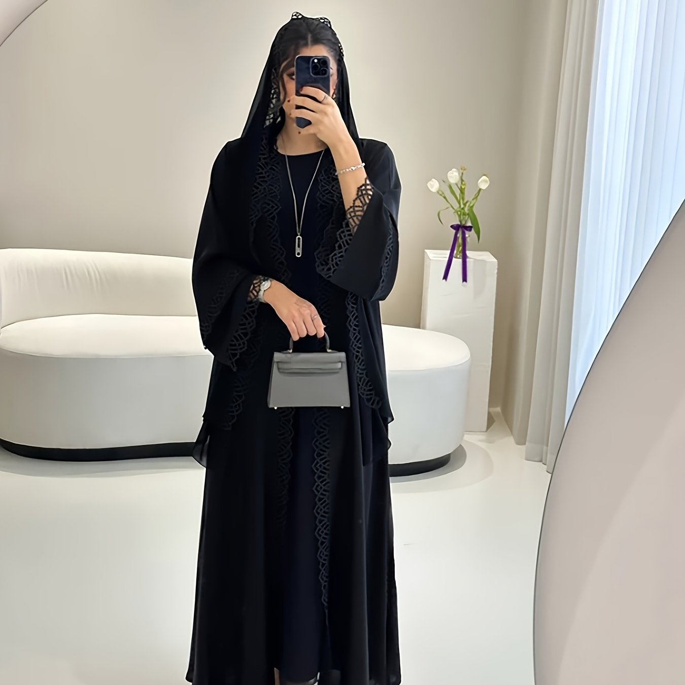 2pcs Muslim Kaftan Abaya Set with Lace Trim | Plus Sleeveless Vest Skirt, Headscarf, for Ramada