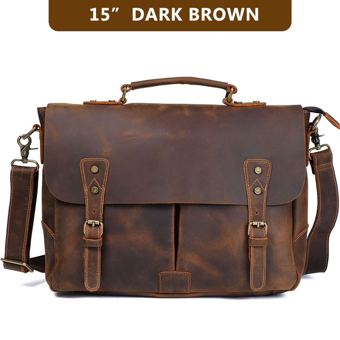 Vintage Brown Cowhide Men's Vintage Genuine Leather Messenger Bag - Adjustable Strap, Multiple Compartments, Zipper Closure, Distressed Finish, Functional Design
