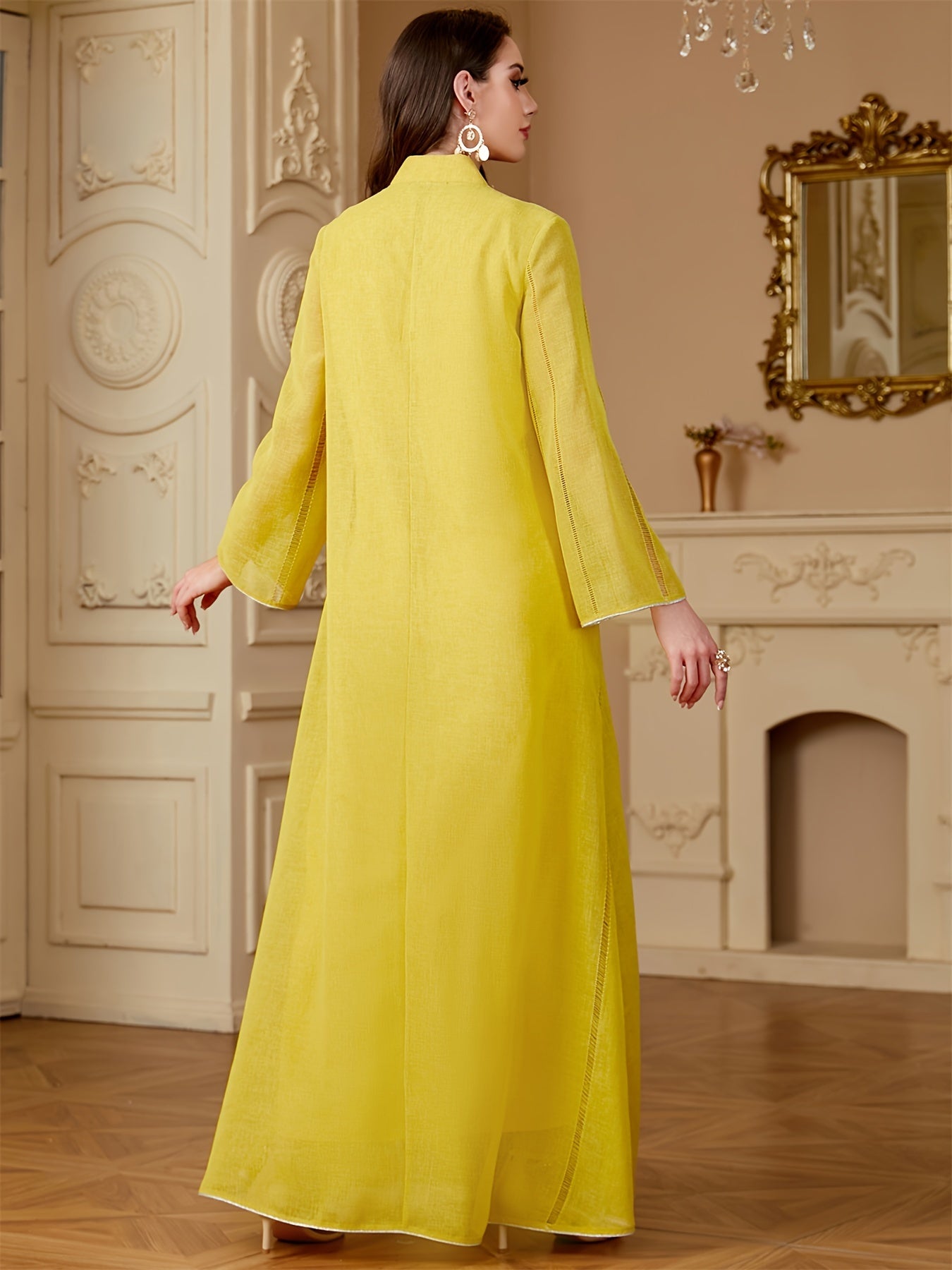 Ramadan Muslim Women's Fashion Beading Emirati Abaya Dubai Notched Stand Collar Dresses Mesh Sleeve Kebaya Casual Loose Clothing