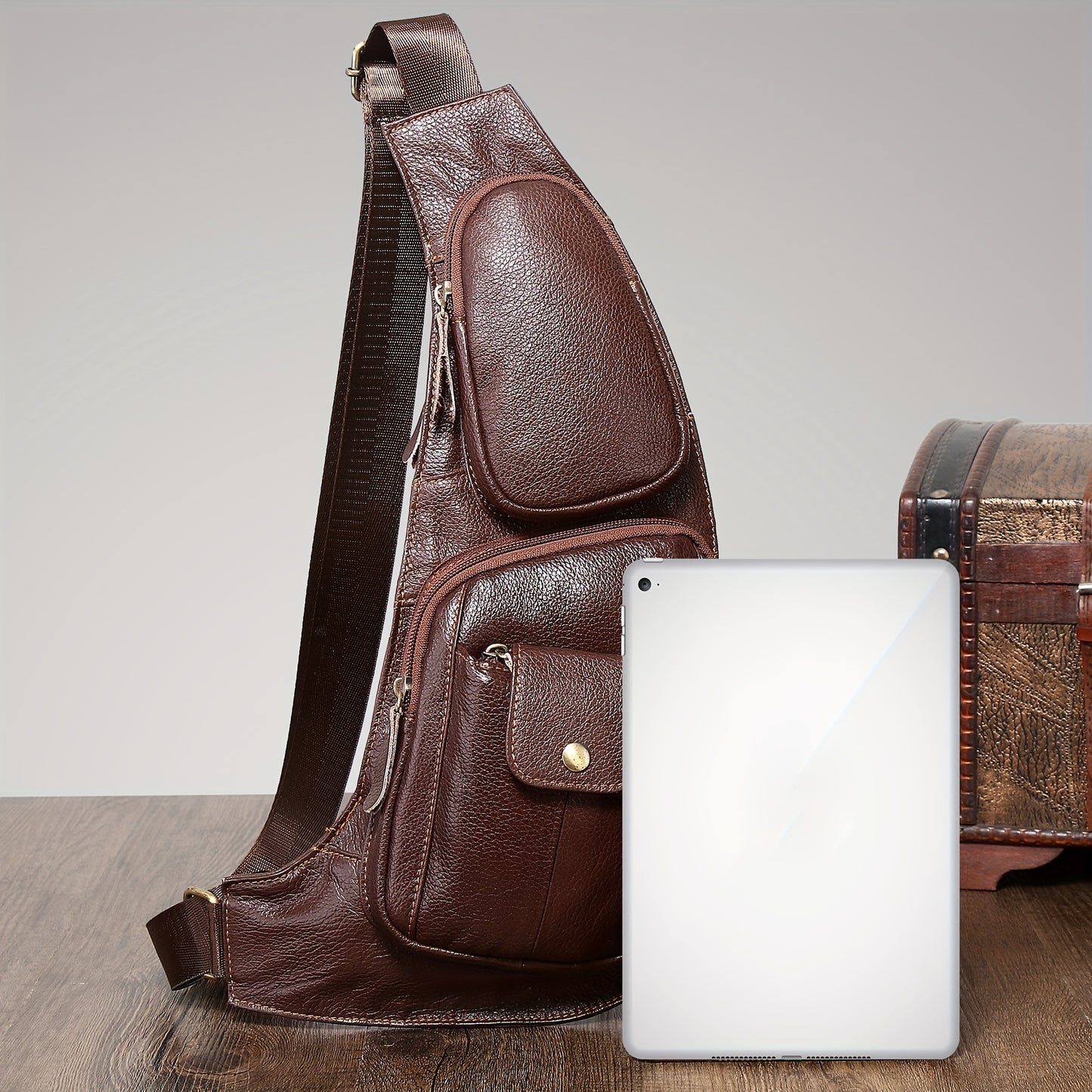 Genuine Leather Sling Bag for Men & Women - Adjustable 41.33" Crossbody Chest Pack with Multiple Zippered Compartments