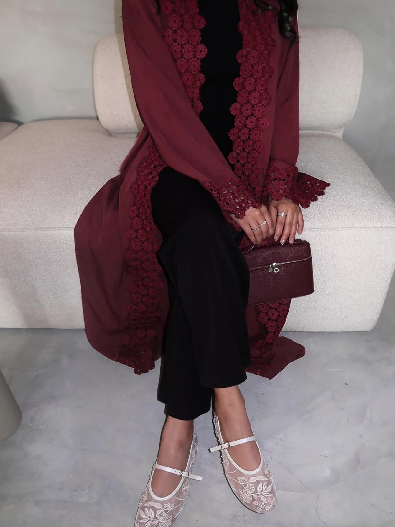 Elegant Women's Red Abaya Robe with Intricate Lace Detailing - Long Sleeve, Open Front, Loose Fit for Spring, Summer, and Fall - Perfect for Casual or Formal Occasions, Cultural Attire, Flowing Garment