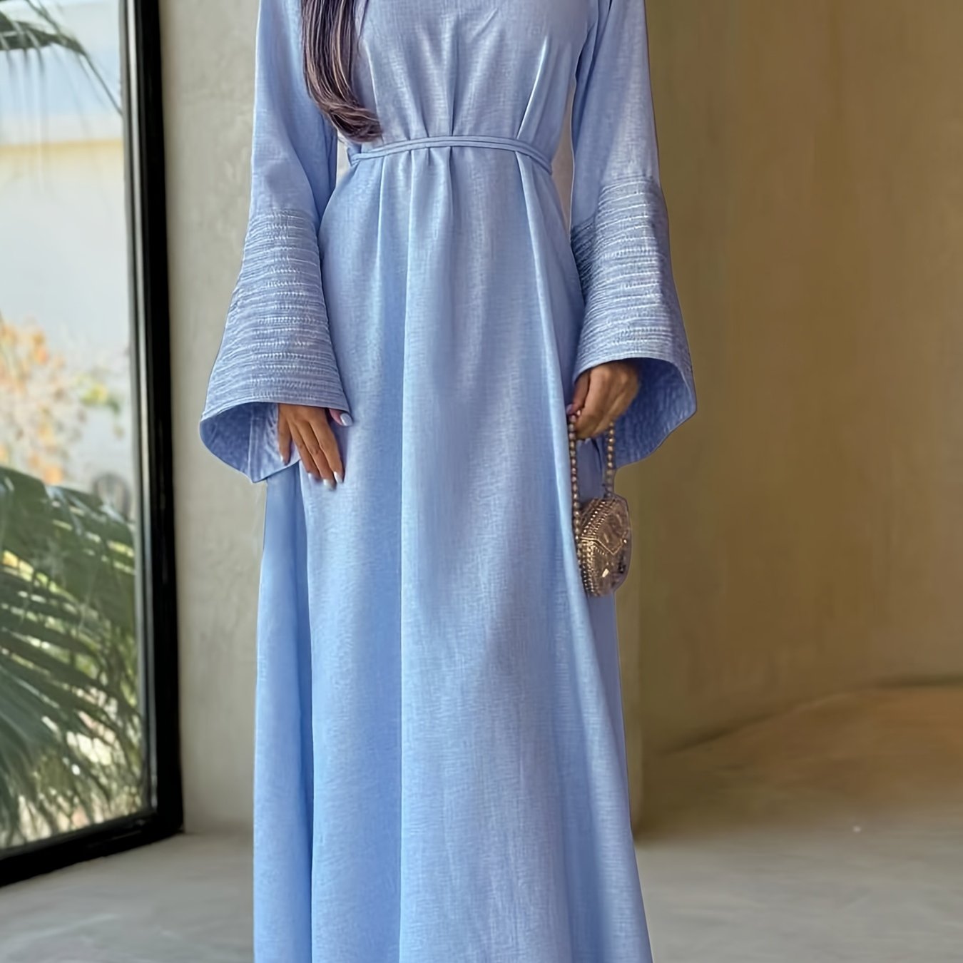 Women's Kaftan Dress Patchwork Floral Print Arabic Abaya Robe Long Sleeve Round Neck Loose Dress
