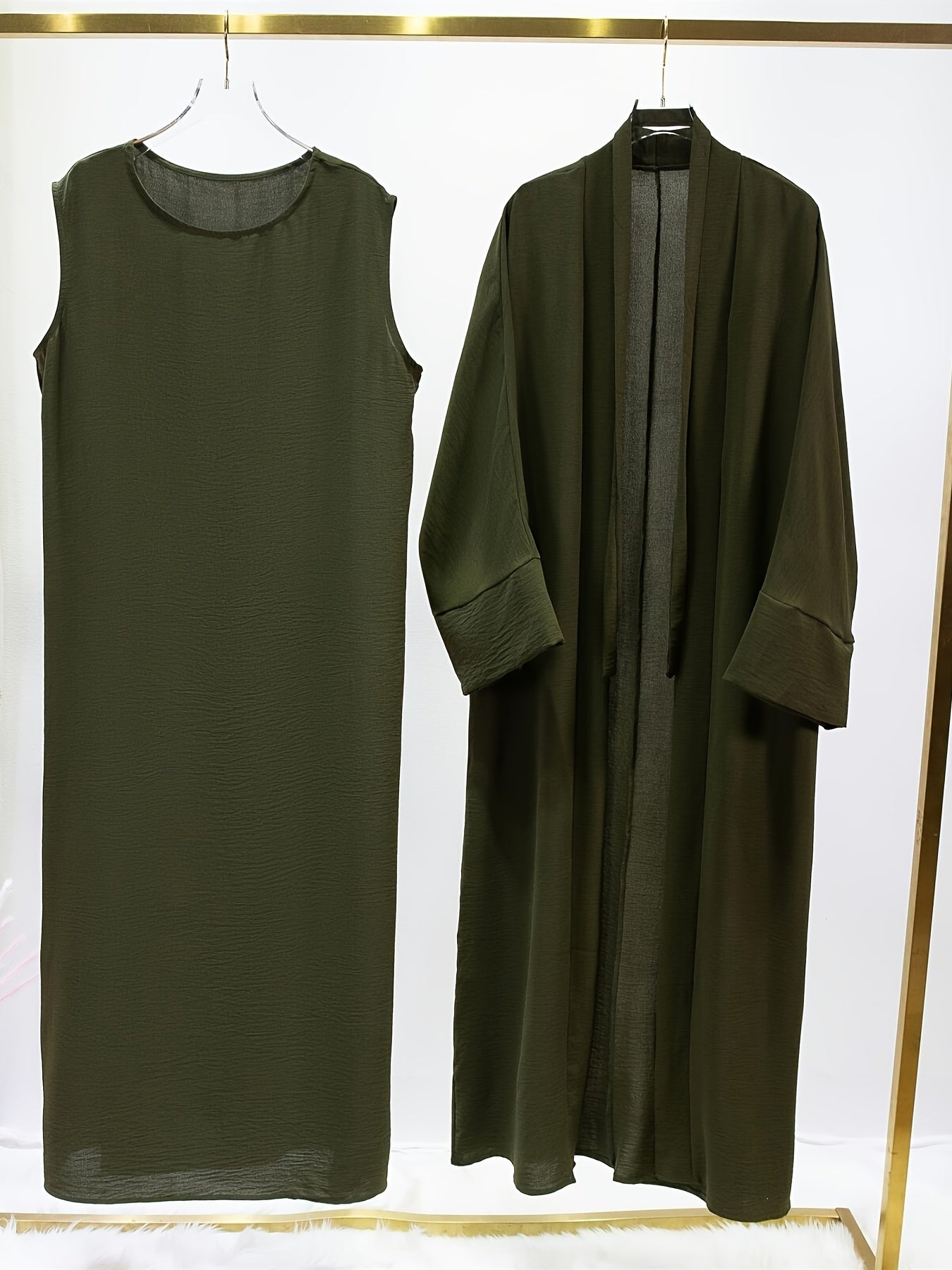 Ramadan Solid Color Modest Pakistani Abaya Set, Casual Crew Neck Sleeveless Tank Dress & Open Front Long Sleeve Tie Cardigan Outfits, Women's Clothing
