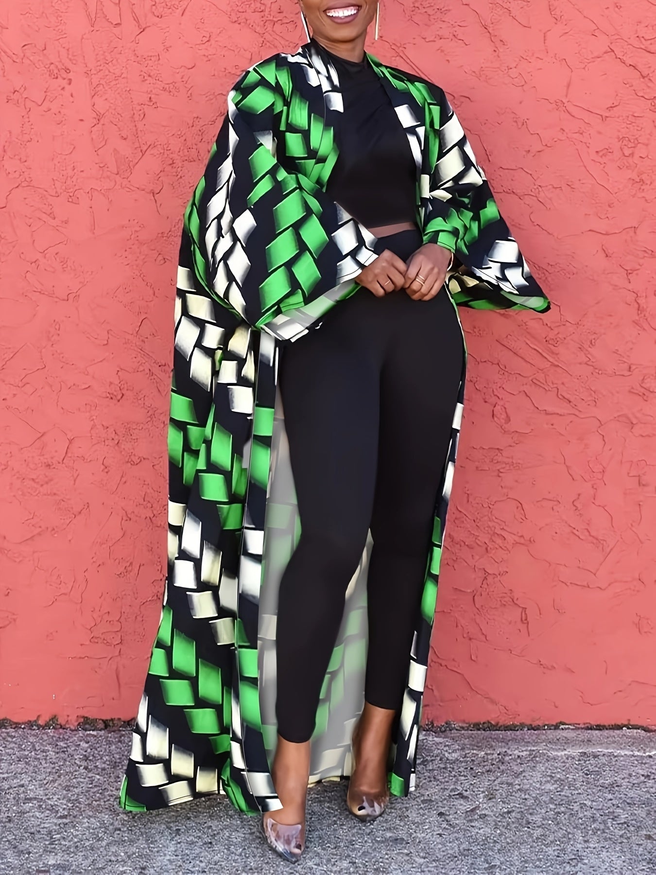 Chic Plus Size Open Front Kimono Abaya Cardigan - Casual & Versatile, Machine Washable, Polyester Blend with Elastane, Elegant Print Design