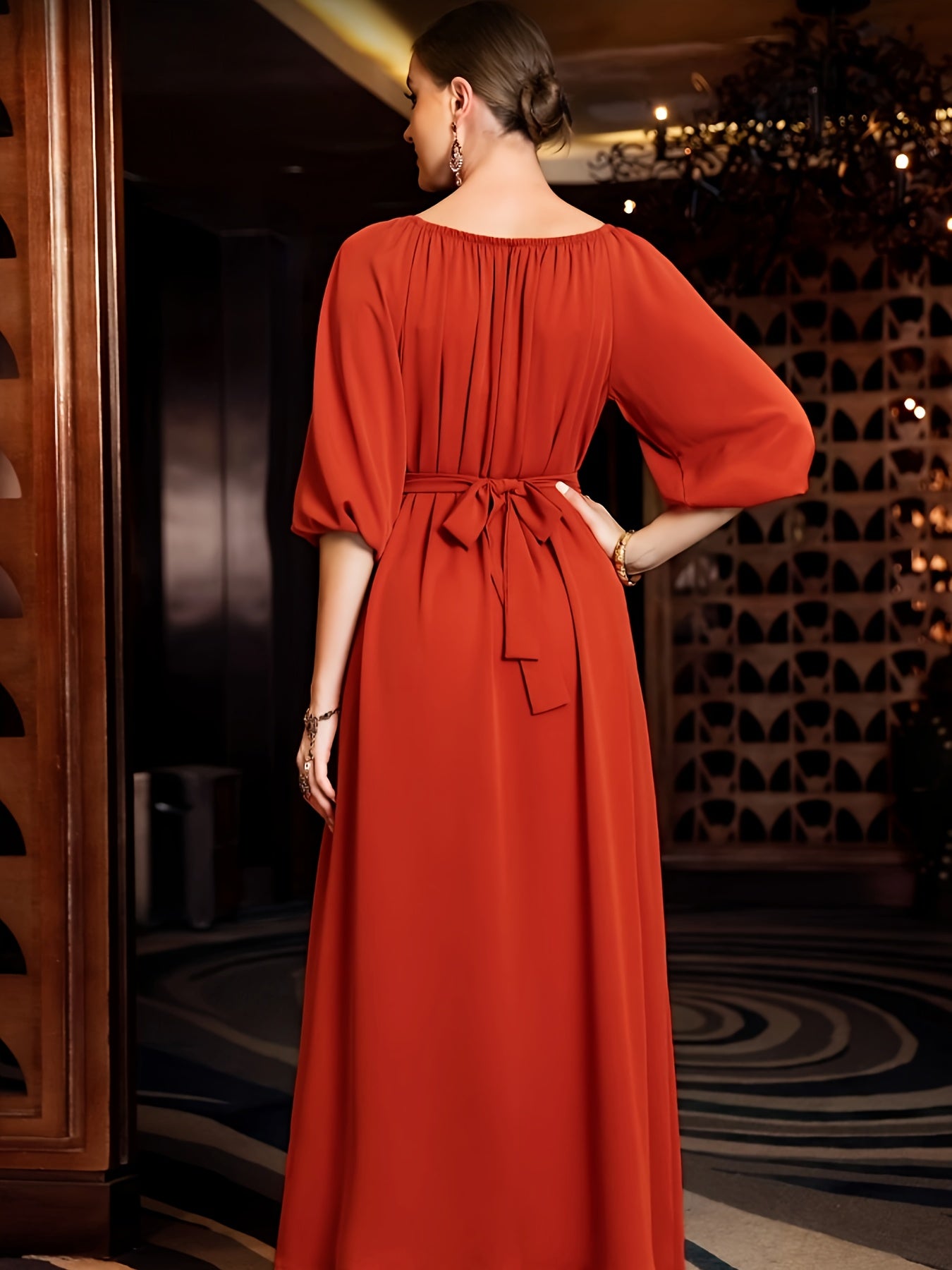 High-End Hand-Sewn Orange-Red Emirati Abaya with Diamond Design for Middle Eastern Gatherings And Festive Occasions.