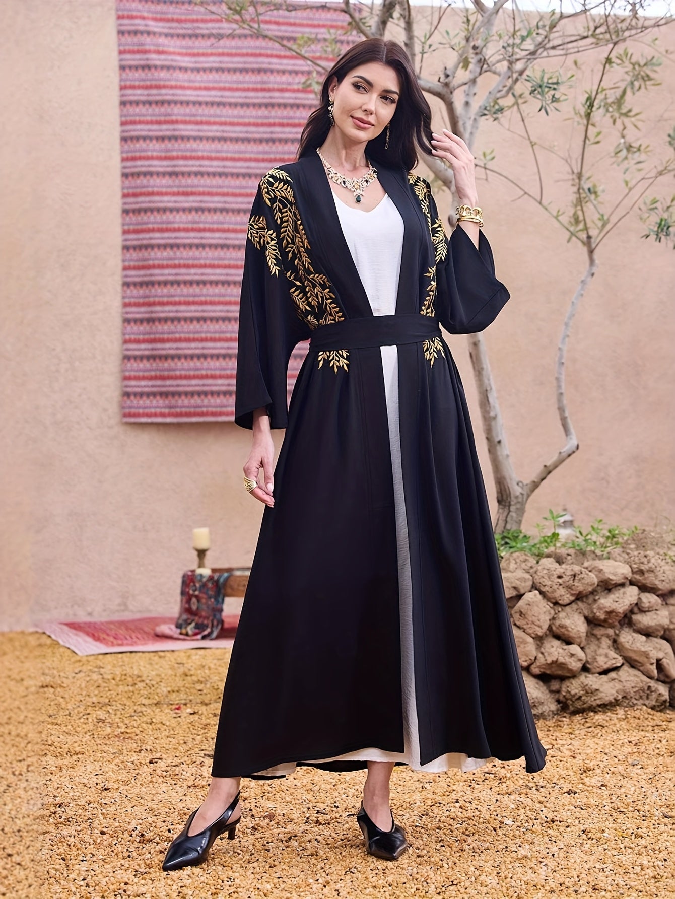 Women's Elegant Islamic Emirati Abaya Robe - Long Sleeve Islamic Dress with Belt, Non-Stretchy Formal & Everyday Muslim Clothing for Mosque, Travel, Home - Modest Abaya Gown, Mosque Attire