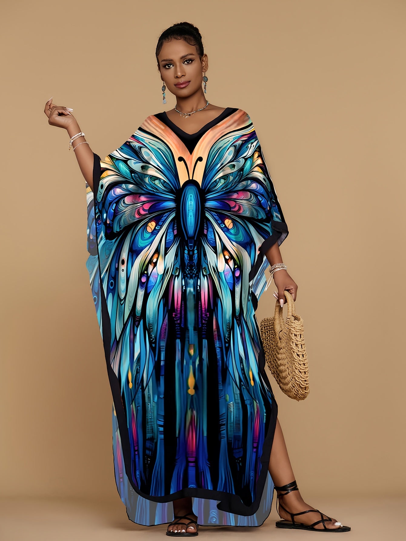 Kaftan Dresses For Women Bohemian Printed V-neck Beach Coverup Batwing Sleeves Kaftan Robe Casual Home Vacation Swimwear Coverup Ethnic Style Dress