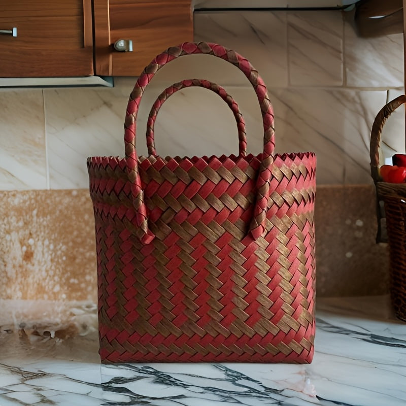 One Piece, Hand-Woven Handbag Handheld Versatile Women's Bag, Suitable for Vacation, Imitation Rattan Design, Tote Bag Style