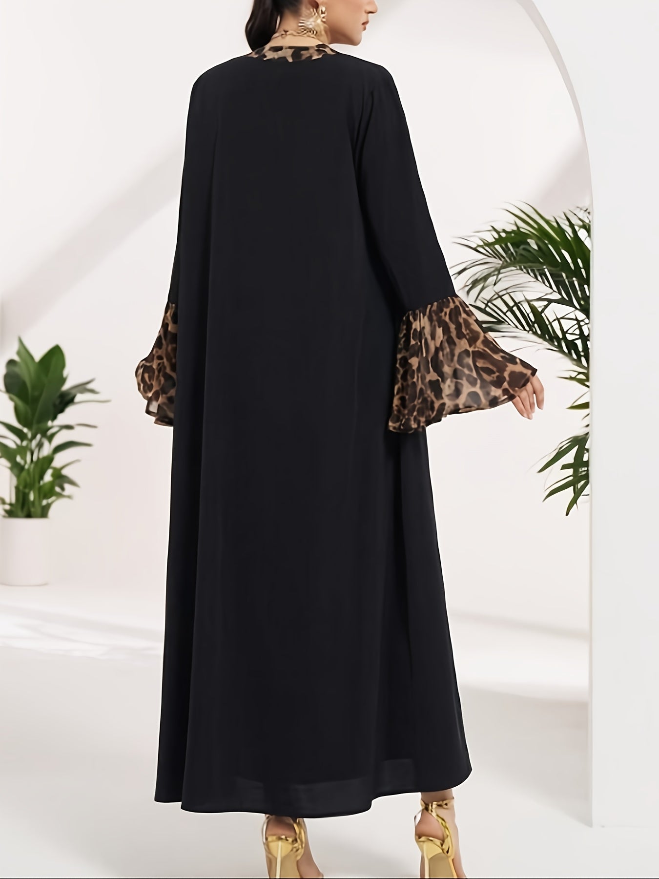 Plus Size, Graceful Women's Two-Piece Long Dress Set with Leopard Print Patchwork, Middle Eastern Pakistani Abaya Muslim Abaya 2pcs Long Sleeve Jumpsuit Casual Elegant Robe