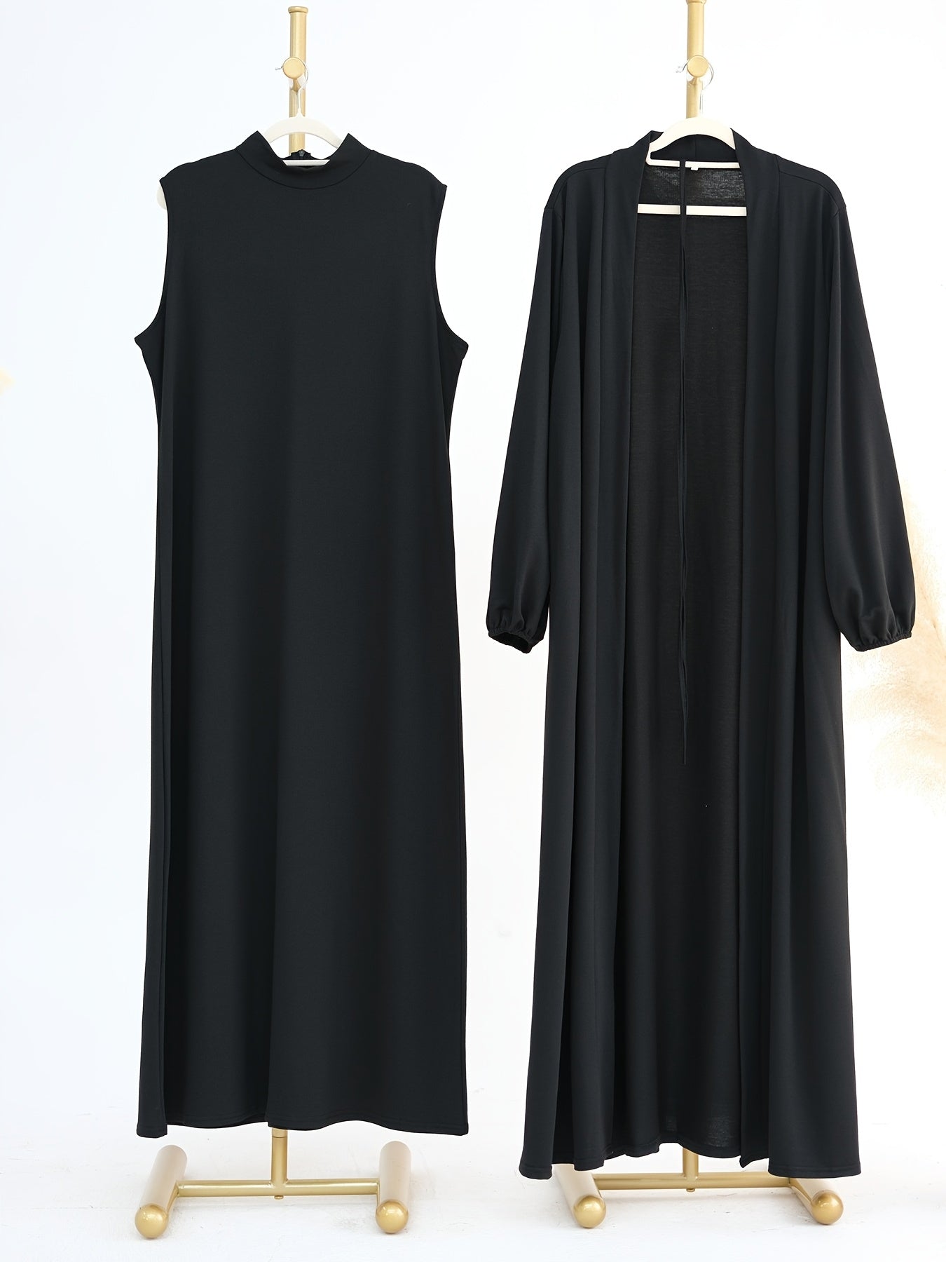 2pcs Solid Color Dress + Casual Round Neck Sleeveless Vest | Women's Clothing, Long Sleeve Arabic Abaya