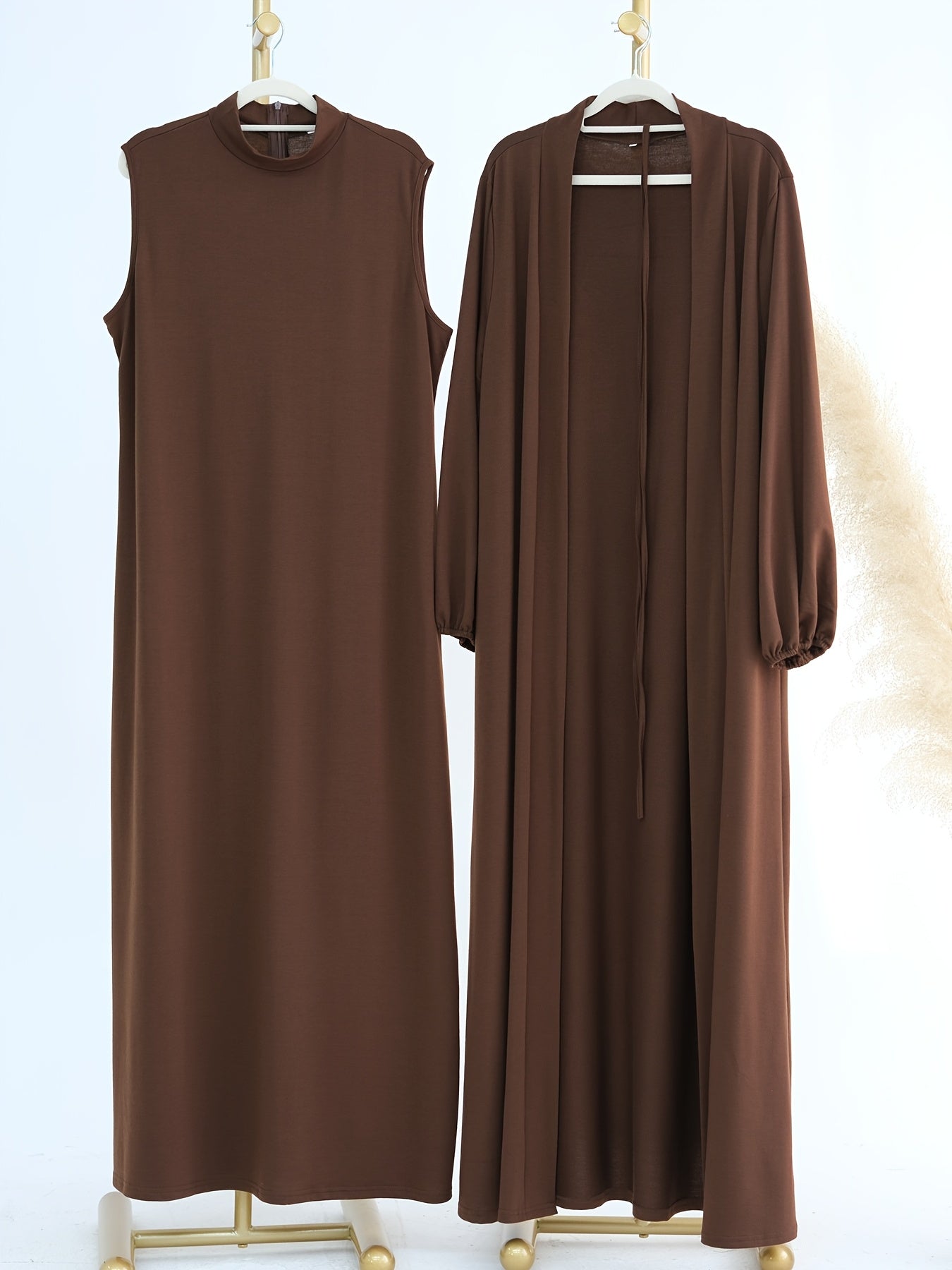 2pcs Solid Color Dress + Casual Round Neck Sleeveless Vest | Women's Clothing, Long Sleeve Arabic Abaya