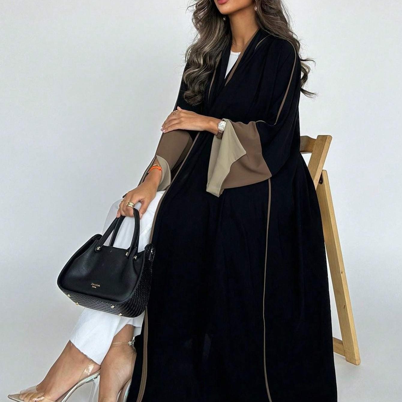 Plus Size - 1pc Plus Size Women's Abaya Burqa - Elegant Color Block Design, Loose Fit Long Sleeve with Open Front, Black & Blue Geometric Pattern, Perfect for Festive Occasions