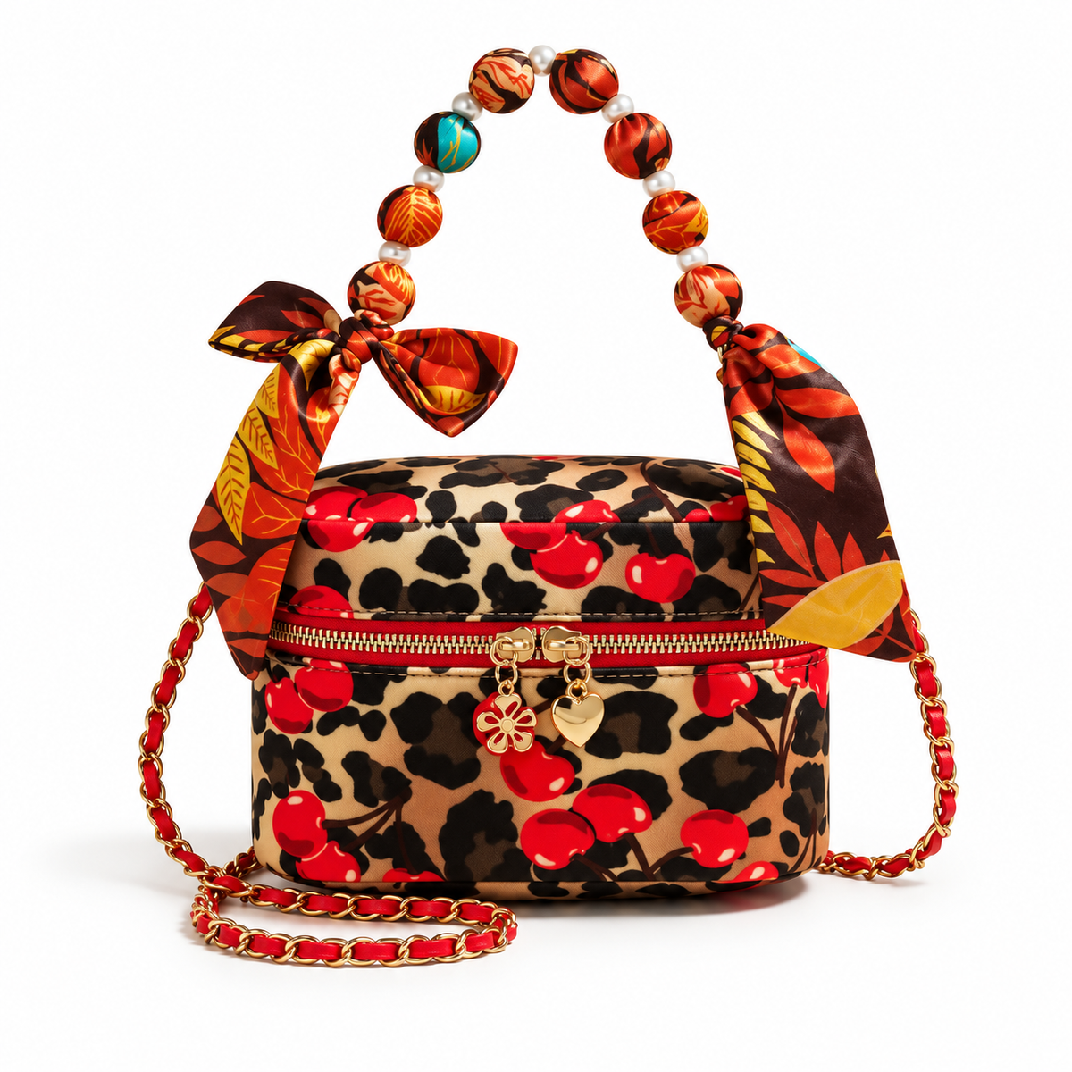 Cherry Leopard Print Beaded Crossbody Bag