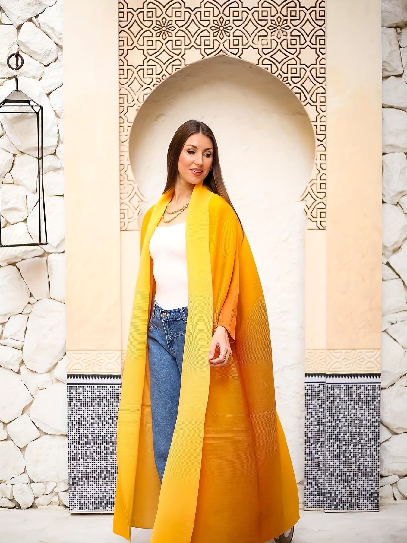Plus Size - Women's Plus Size Yellow Abaya with Geometric Print - Loose Fit, Long Sleeve, Open Front, Wide Leg, Casual & Versatile for Spring/Summer/Fall, Casual Wear Abaya