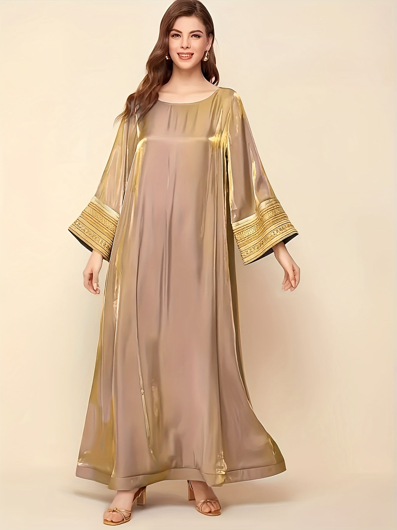 Elegant Long-Sleeve Baju Abaya | Golden Lace Accents, Reflective, Loose Fit, Round Neck, Perfect for Spring/Fall, Women's Fashion, Fall Fashion
