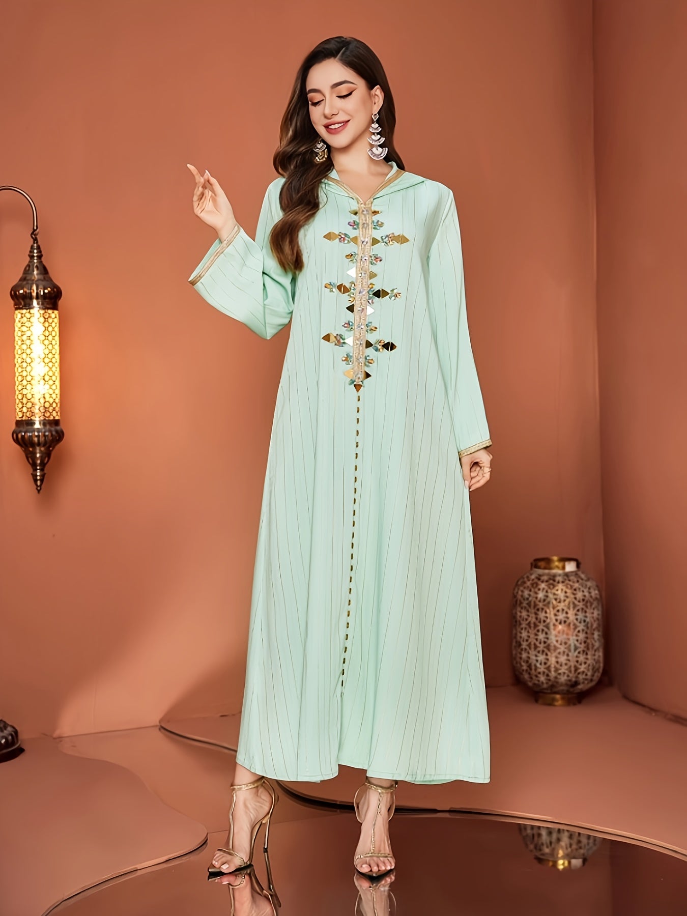 Elegant Mint Green Women’s Hooded Kaftan Dress with Rhinestone Embellishments, Long Sleeve Emirati Abaya with Zipper Front and Golden Trim, All-Season Wear