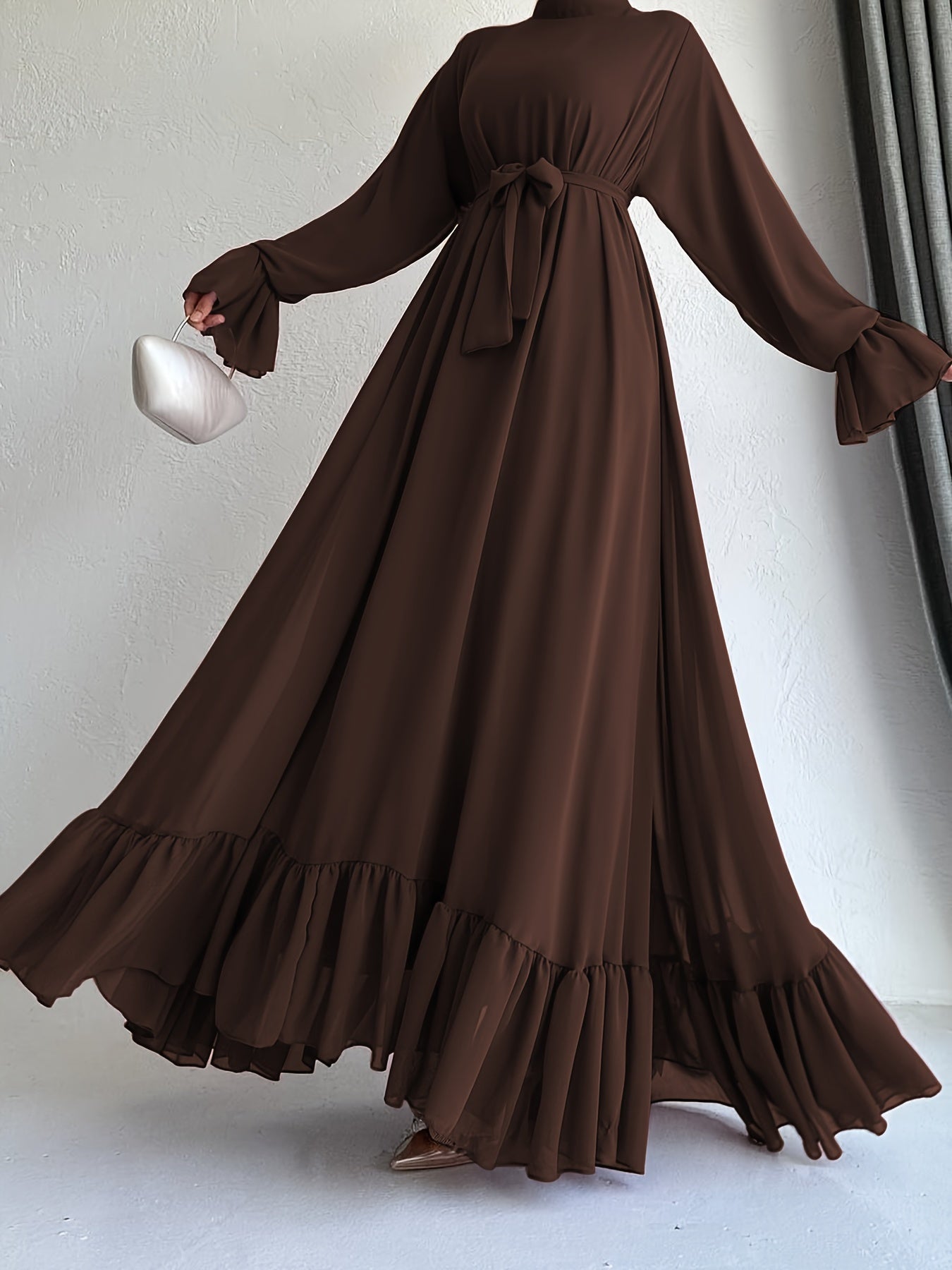Stunning Solid Color Belted Peplum Maxi Dress - Elegant Palestinian Abaya for Women with Long Sleeves, Pleated Design, and Flattering Silhouette for Spring and Fall Seasons - Chic and Modest Clothing