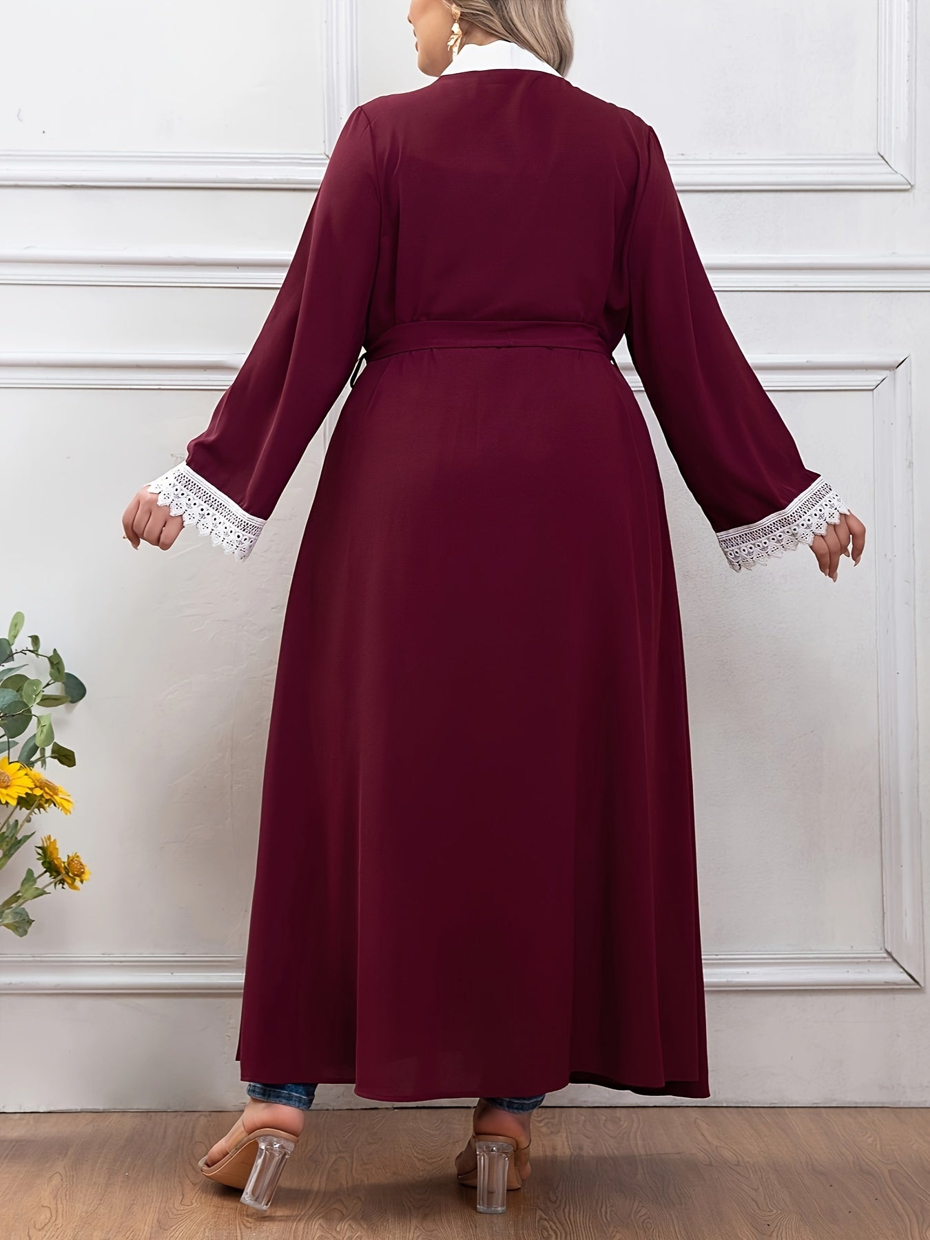 Plus Size Elegant Lace Trim Belted Kaftan Coverup - Stylish Open Front Abaya, Long Sleeve, Flowy Design, Comfortable Wear - Women's Plus Size Clothing for Beach, Pool, or Resort