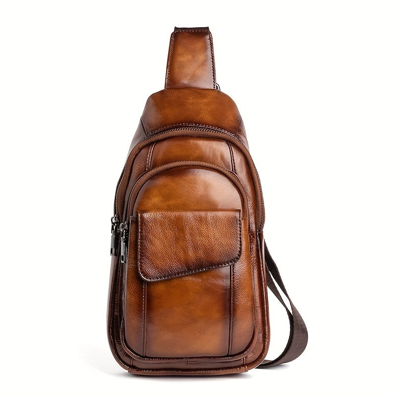 The First Layer Of Cowhide Men's Bag, Leather Men's Sling Bag, Cross-shoulder Back, Multi-layer, Multi-functional, Personalized Retro Men's Bag