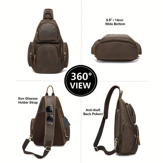 Genuine Leather Sling Bag For Men, Fits 14 Inch Laptop, Vintage Travel Chest Bag Crossbody Shoulder Backpack