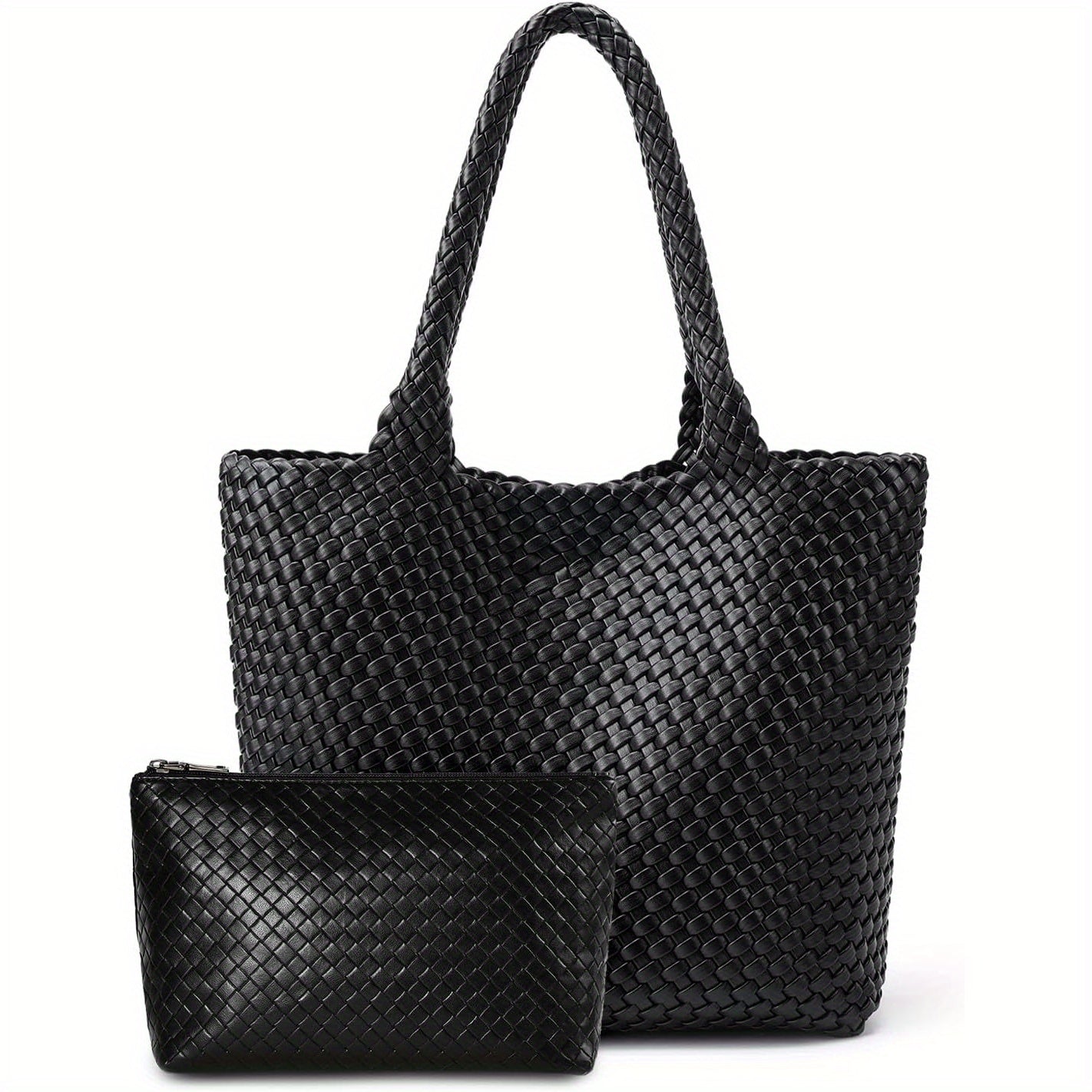 Women's Vegan Tote Bag - Large Woven Handbag with Zipper Closure & Wrist Strap, White & Brown Striped Design, Durable Oil-Edged Finish for Casual or Formal Use