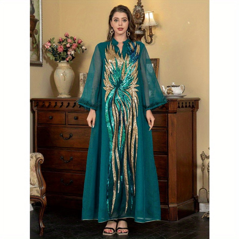 Women's Elegant Islamic Abaya Robe -Modern Long Sleeve V-Neck Islamic Dress with Floor-Length Coverage, Formal & Everyday Muslim Gown for Weddings, Eid - Modest Muslim Clothing