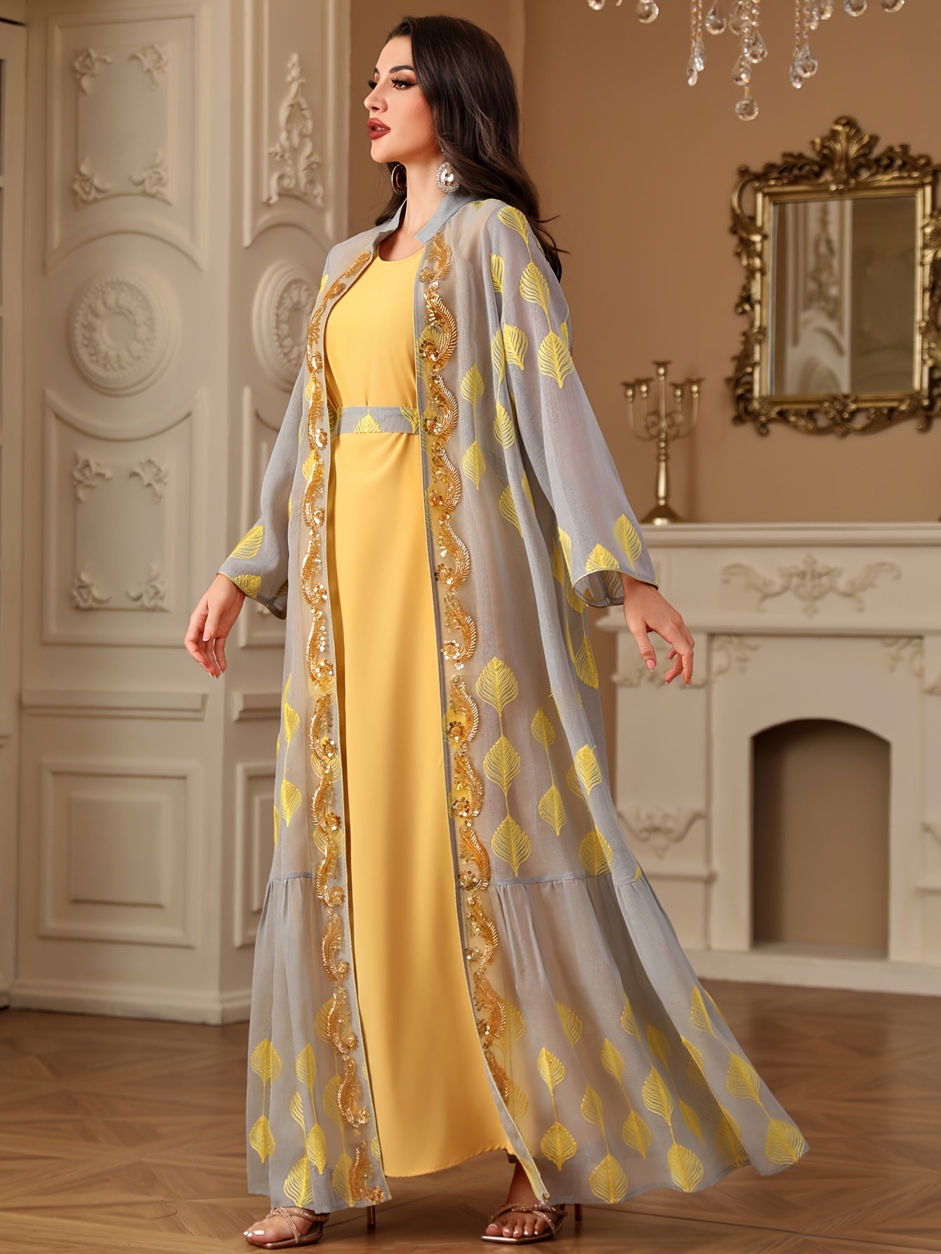 Stylish Round Neck Solid Color Long Abaya Gown Dress + Embroidered Sequin Beaded Long Sleeve Waist-Cinched Two-Piece Set