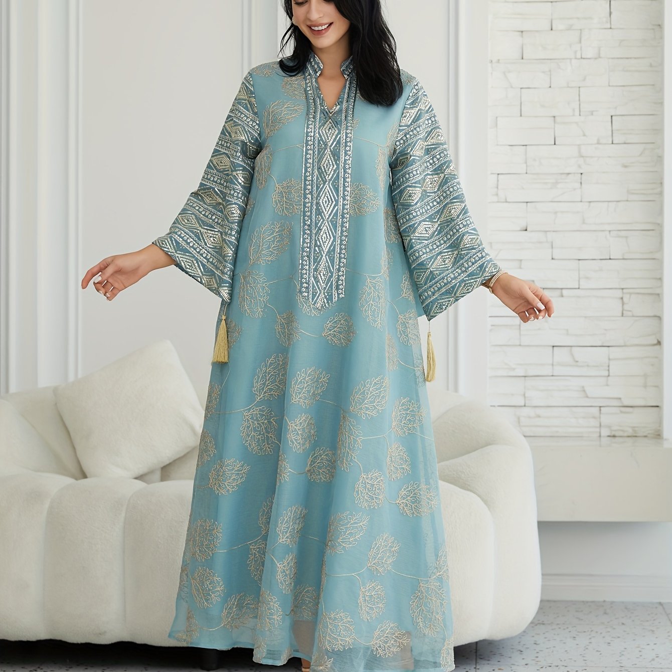 Oriental Middle Eastern Muslim Eid New Style Dress Women's Abaya V-Neck Regular Fashion Slit Sleeve Mesh Embroidery Beaded Craft Evening Gown Jalabiya Turkish Evening Wear Abaya