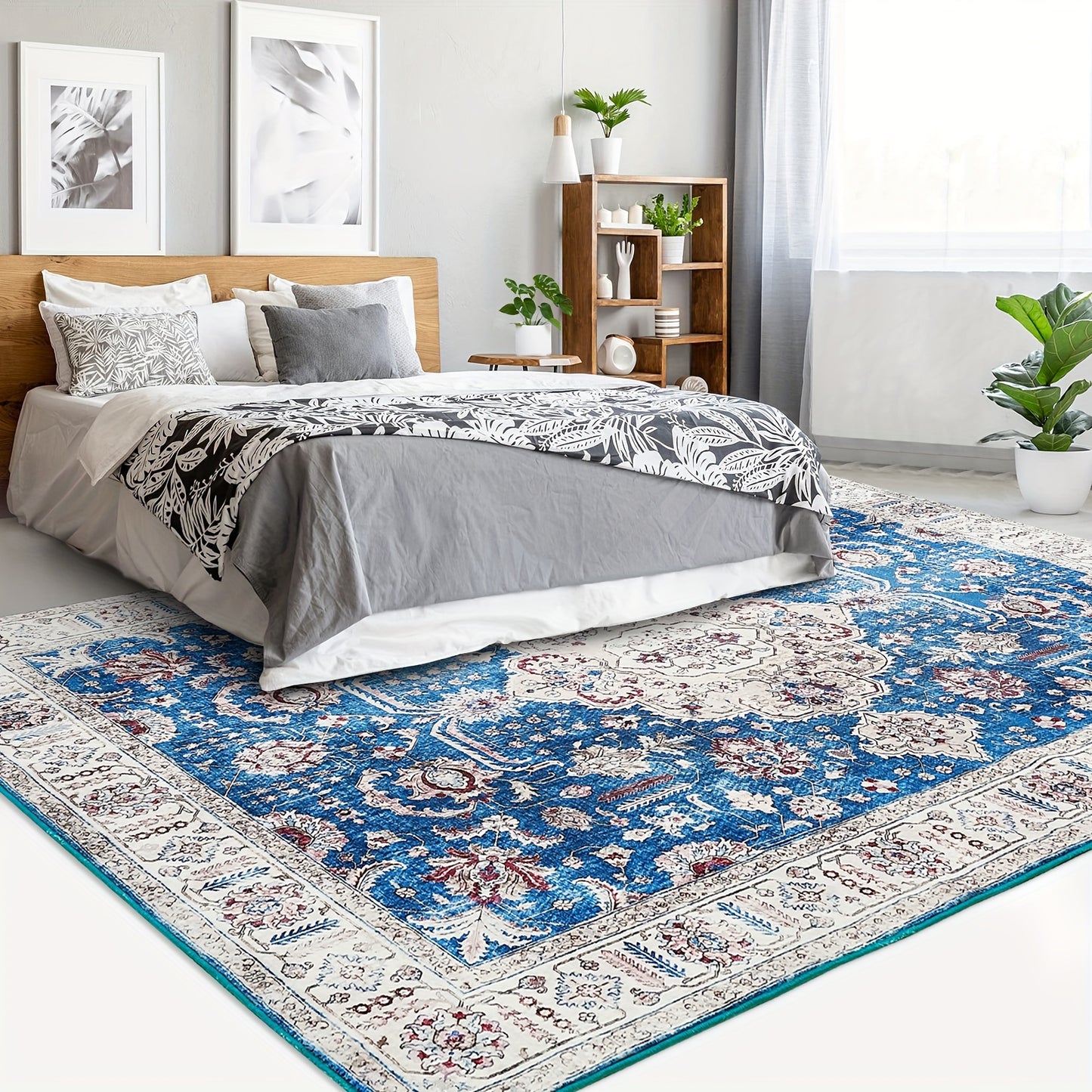 Machine Washable Runner Rug Boho Vintage Rug Non Slip Carpet For Bedroom Hallway Laundry Kitchen, Stain Resistant Dining Room Rugs Floral Oriental Entryway Rug Soft Living Room Rug, Blue